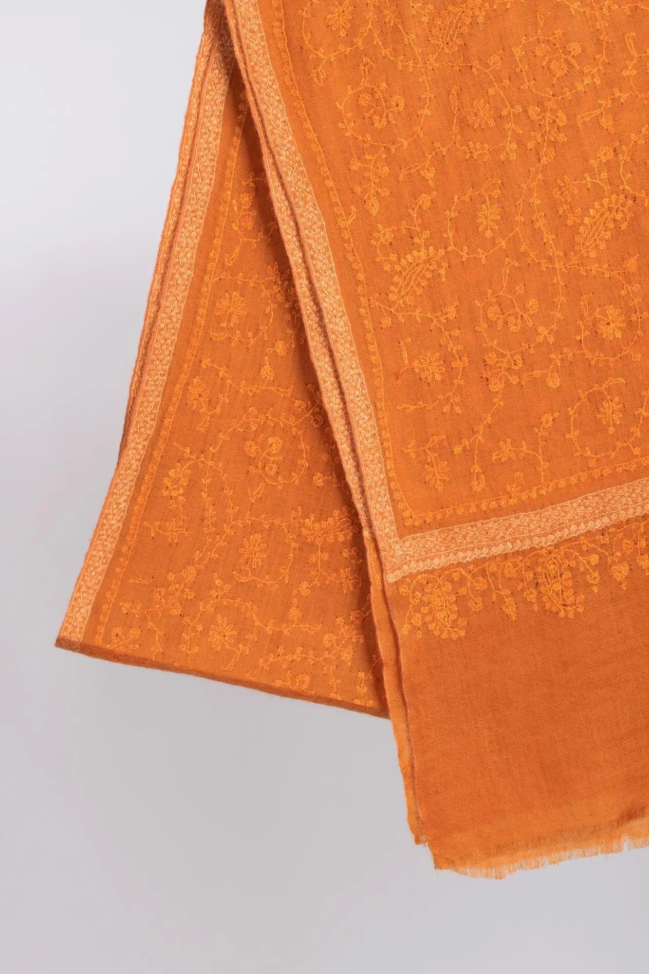 Orange Hashia With Jali Hand Embroidered Pashmina Wrap - PURBECK Shahkaar