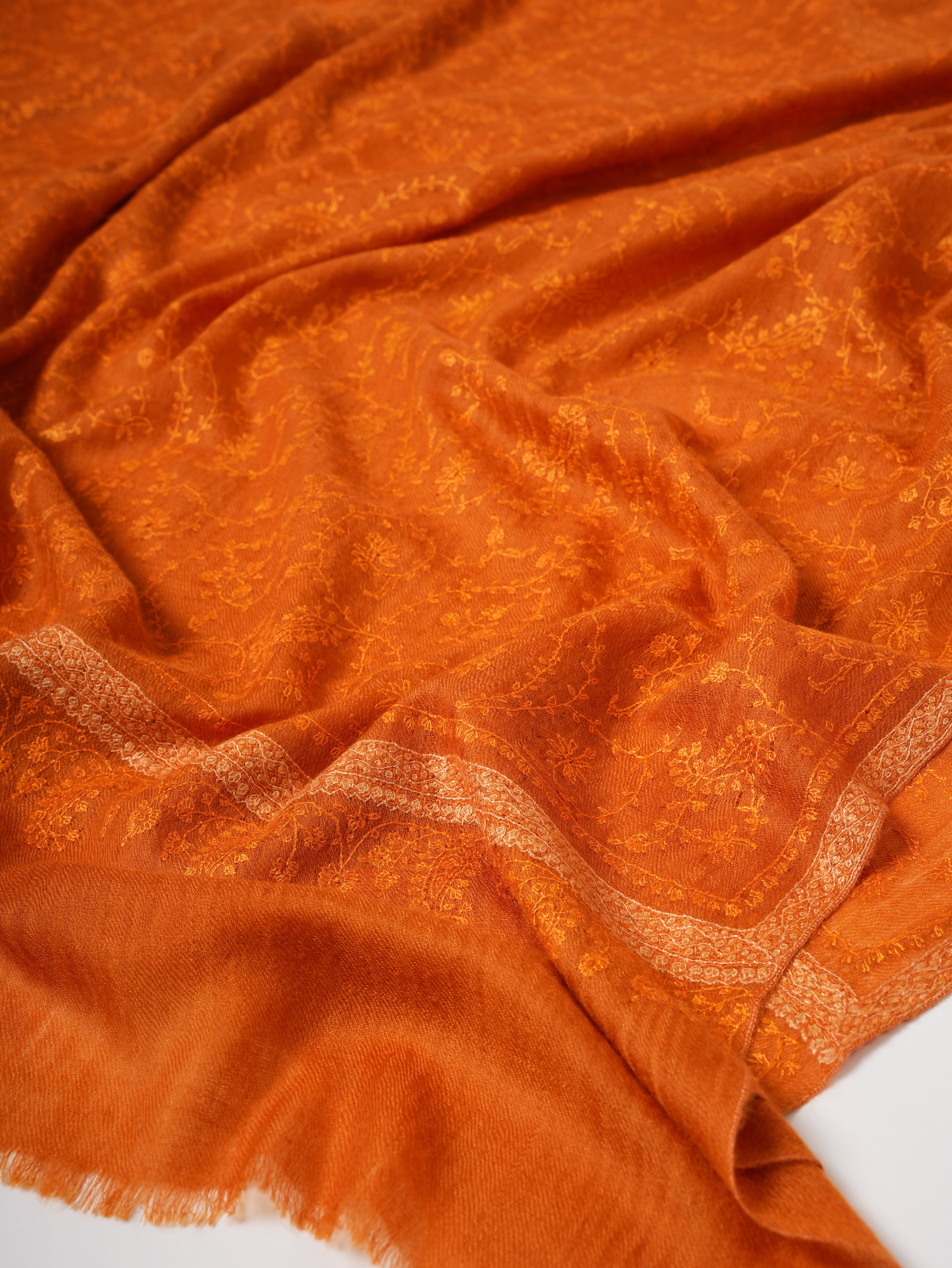 Orange Hashia With Jali Hand Embroidered Pashmina Wrap - PURBECK Shahkaar