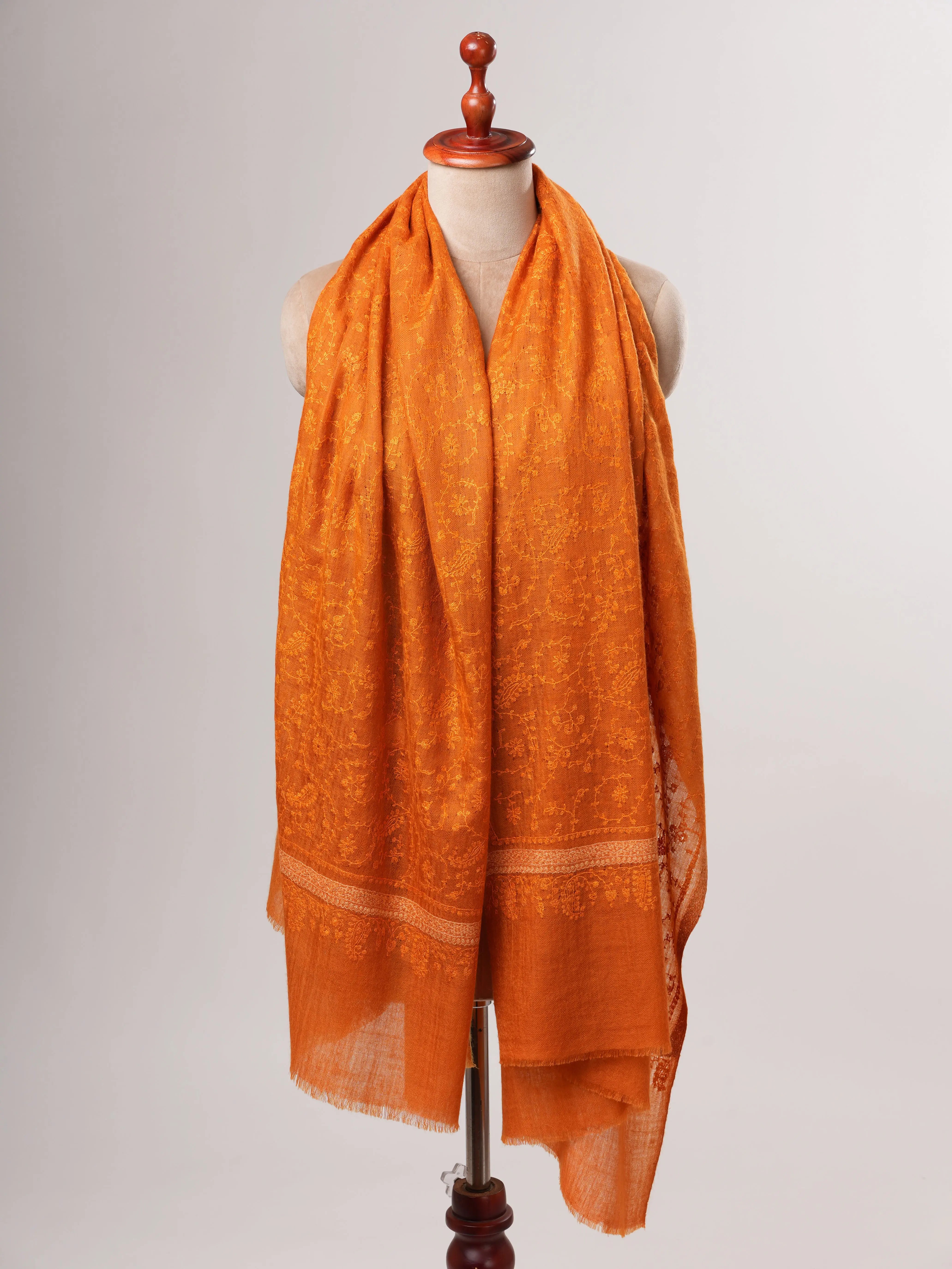 Orange Hashia With Jali Hand Embroidered Pashmina Wrap - PURBECK Shahkaar