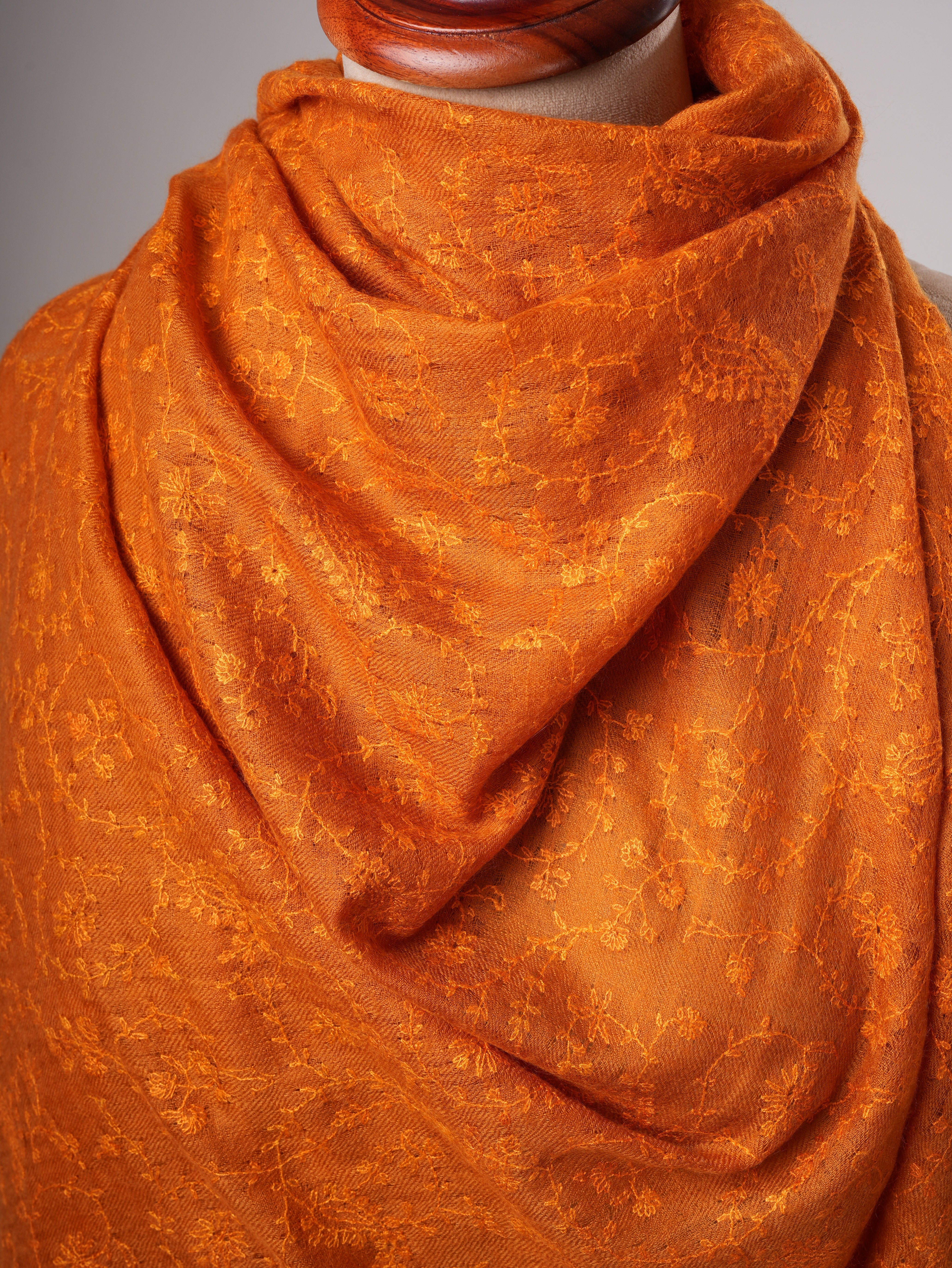 Orange Hashia With Jali Hand Embroidered Pashmina Wrap - PURBECK Shahkaar