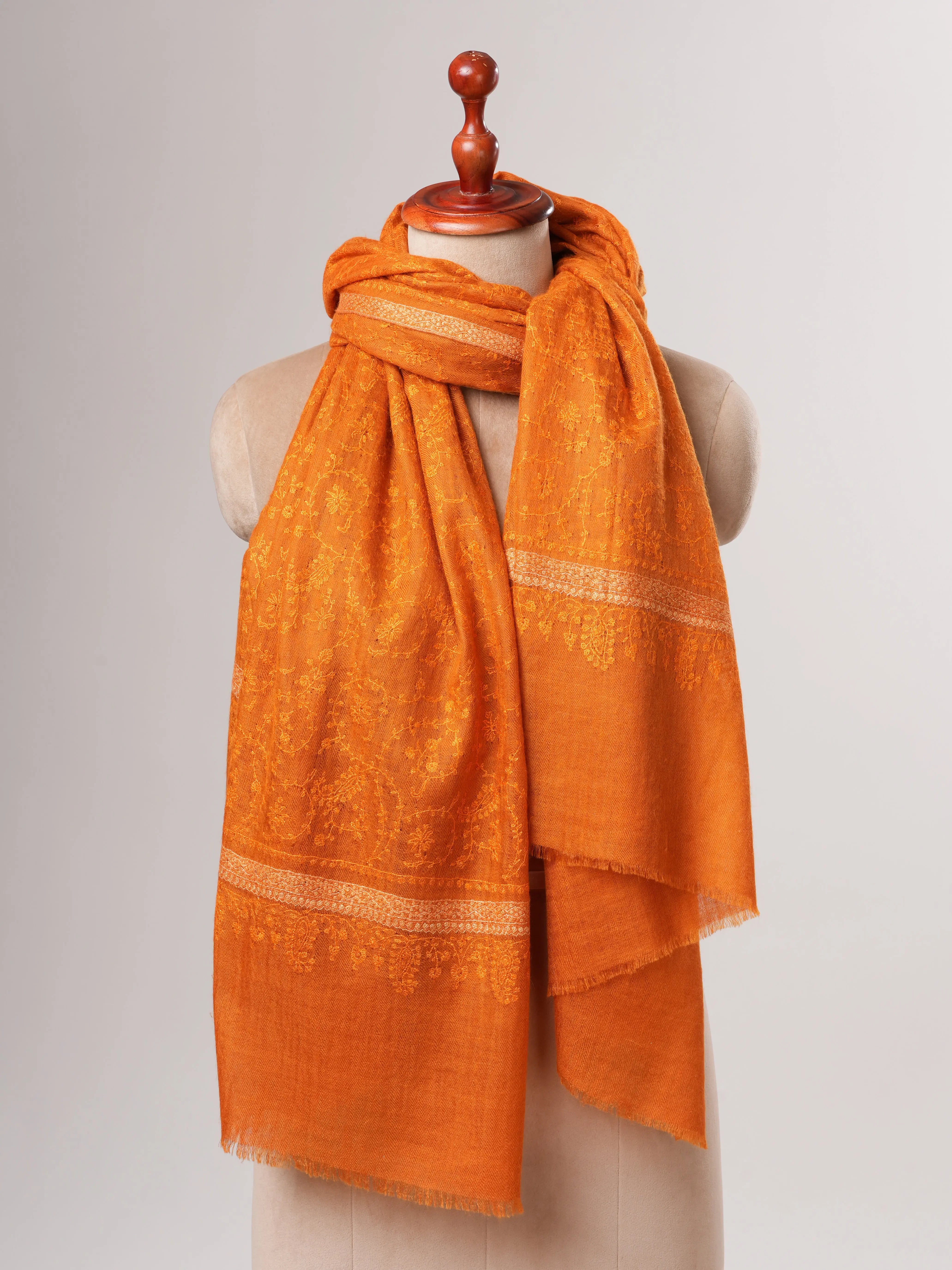 Orange Hashia With Jali Hand Embroidered Pashmina Wrap - PURBECK Shahkaar