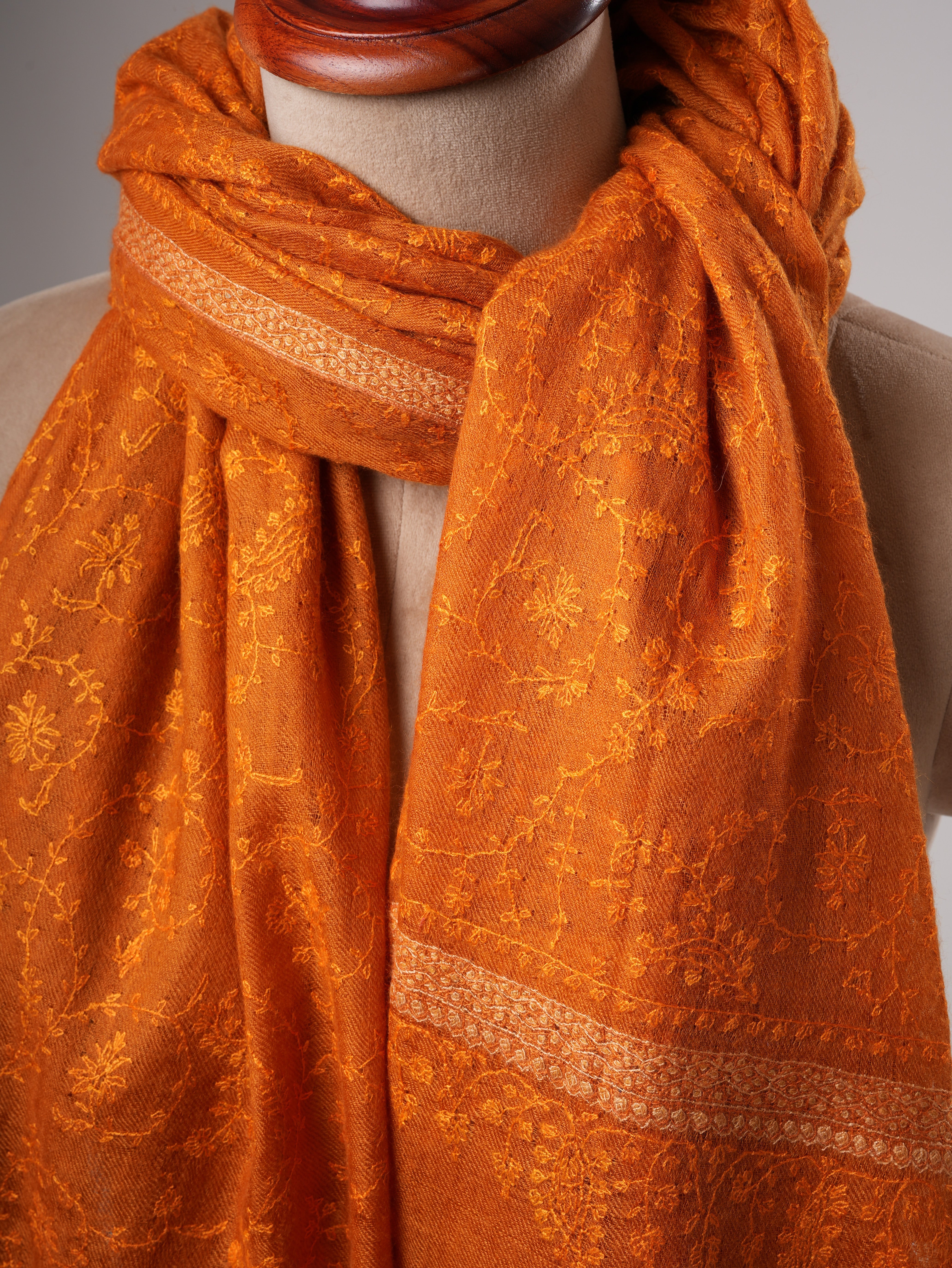 Orange Hashia With Jali Hand Embroidered Pashmina Wrap - PURBECK Shahkaar