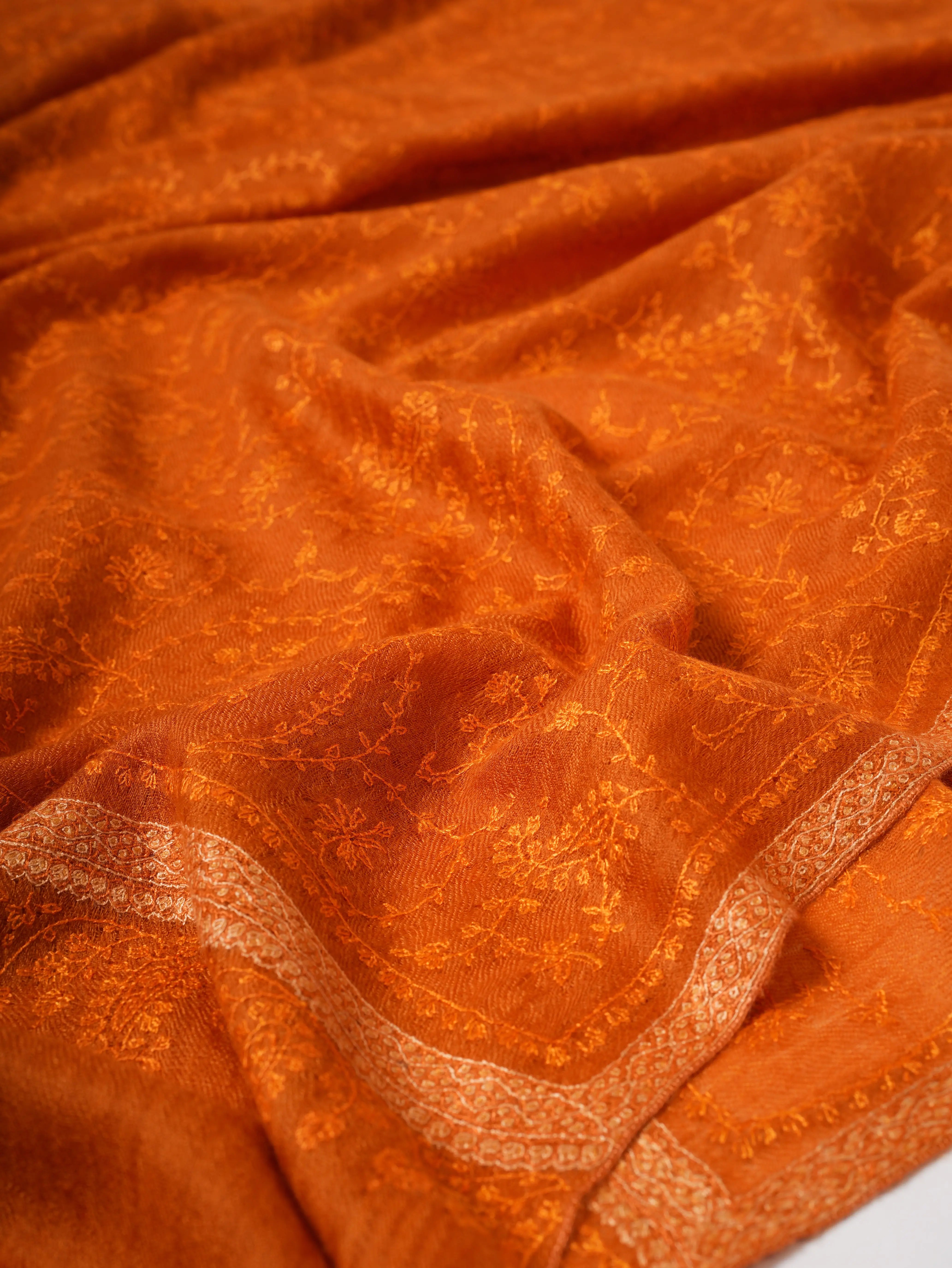 Orange Hashia With Jali Hand Embroidered Pashmina Wrap - PURBECK Shahkaar