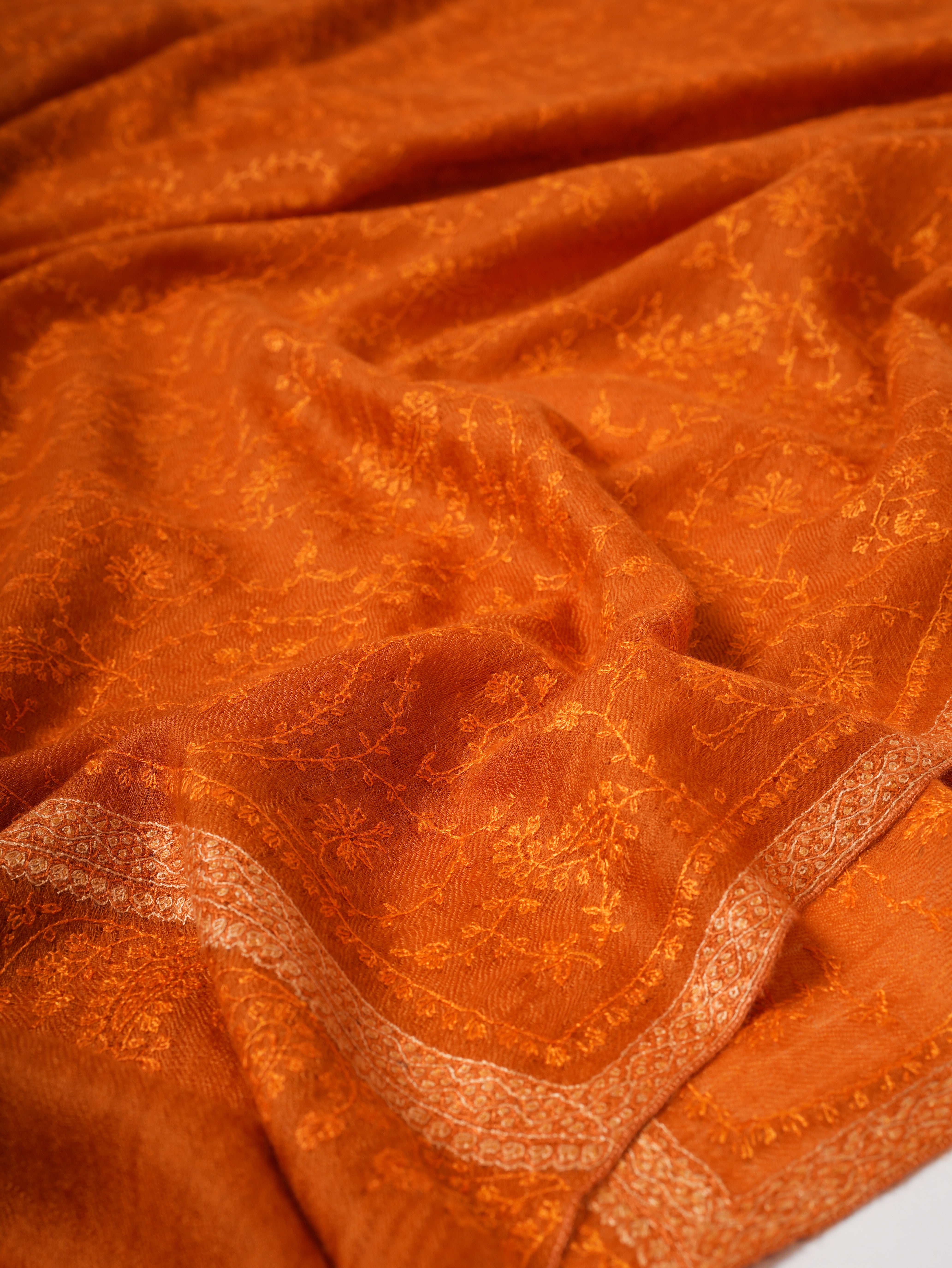 Orange Hashia With Jali Hand Embroidered Pashmina Wrap - PURBECK Shahkaar
