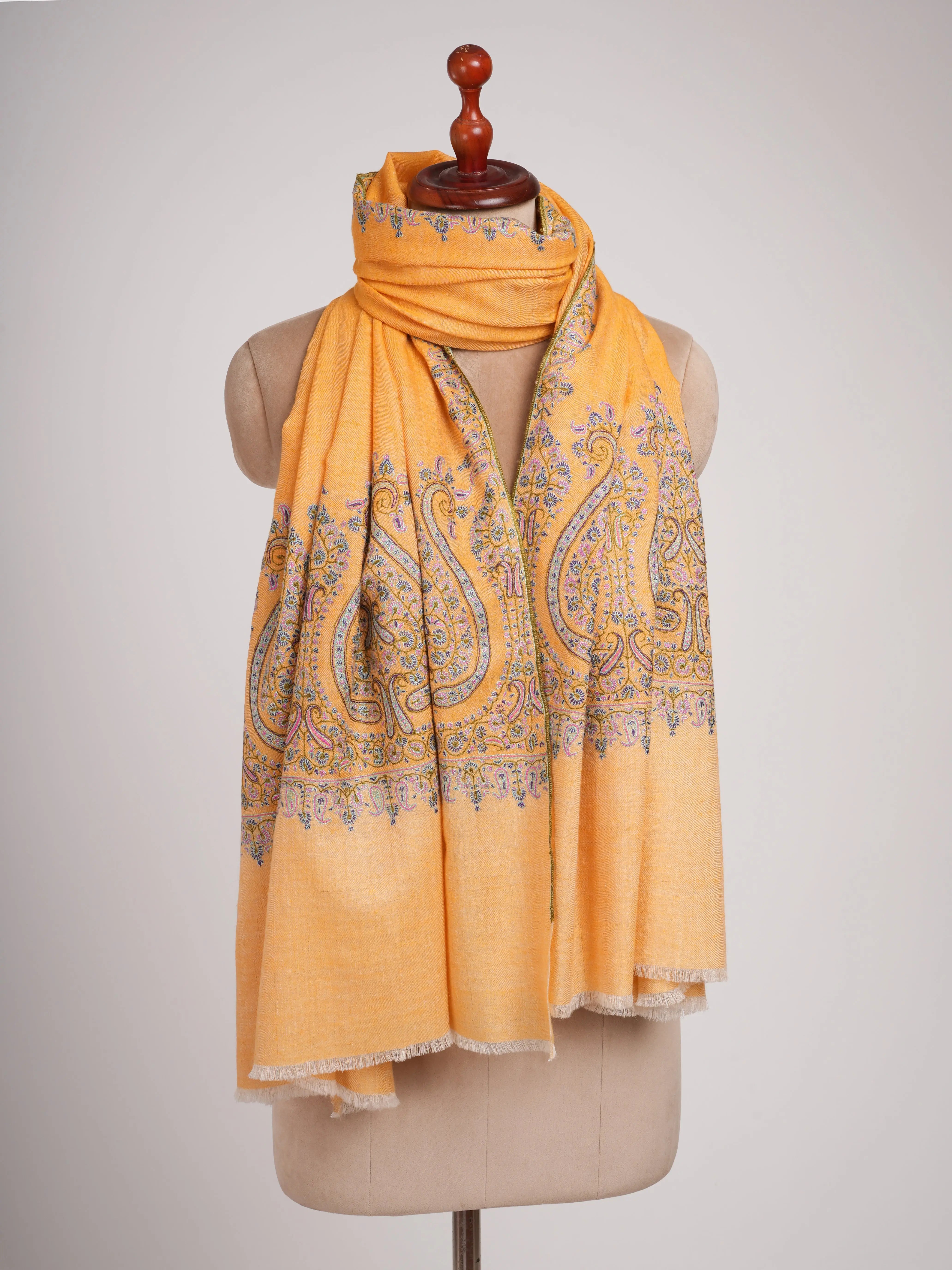 Orange Kashmir Pashmina Shawl with Palla Sozni Embroidery Shahkaar