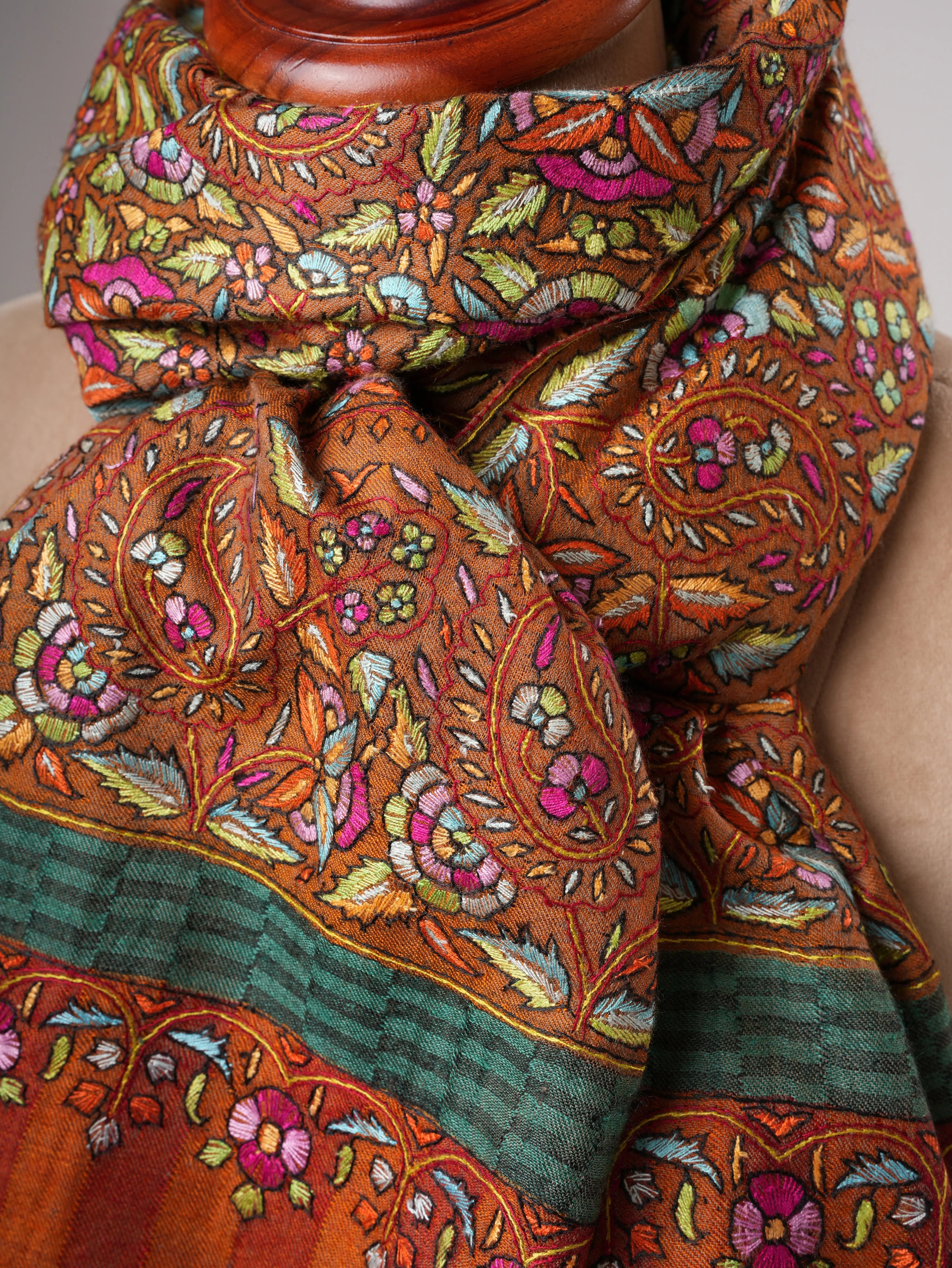 Orange Papermachie Hand Embroidered Pashmina Shawl with Dual Shade Stripes Shahkaar