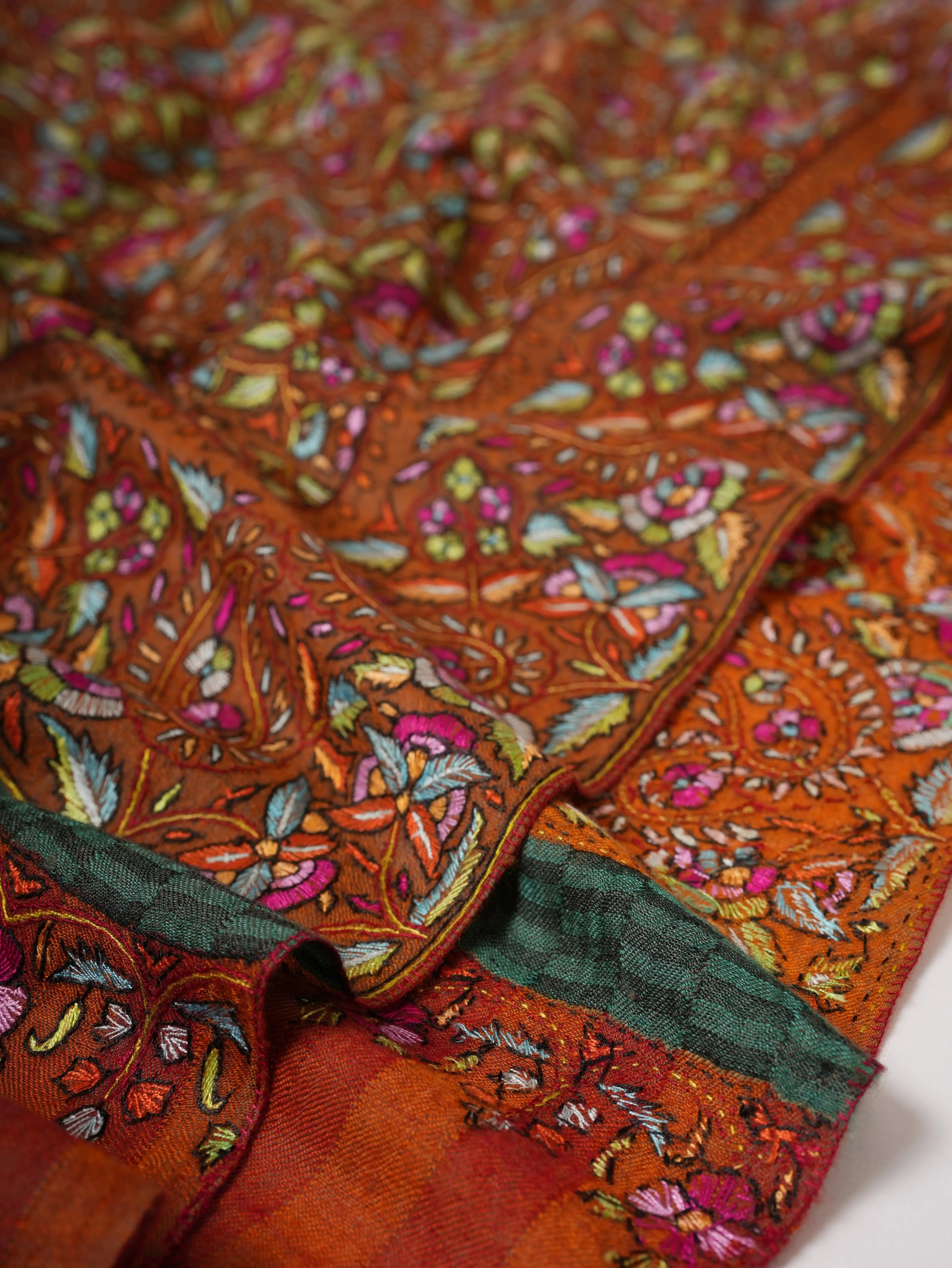 Orange Papermachie Hand Embroidered Pashmina Shawl with Dual Shade Stripes Shahkaar