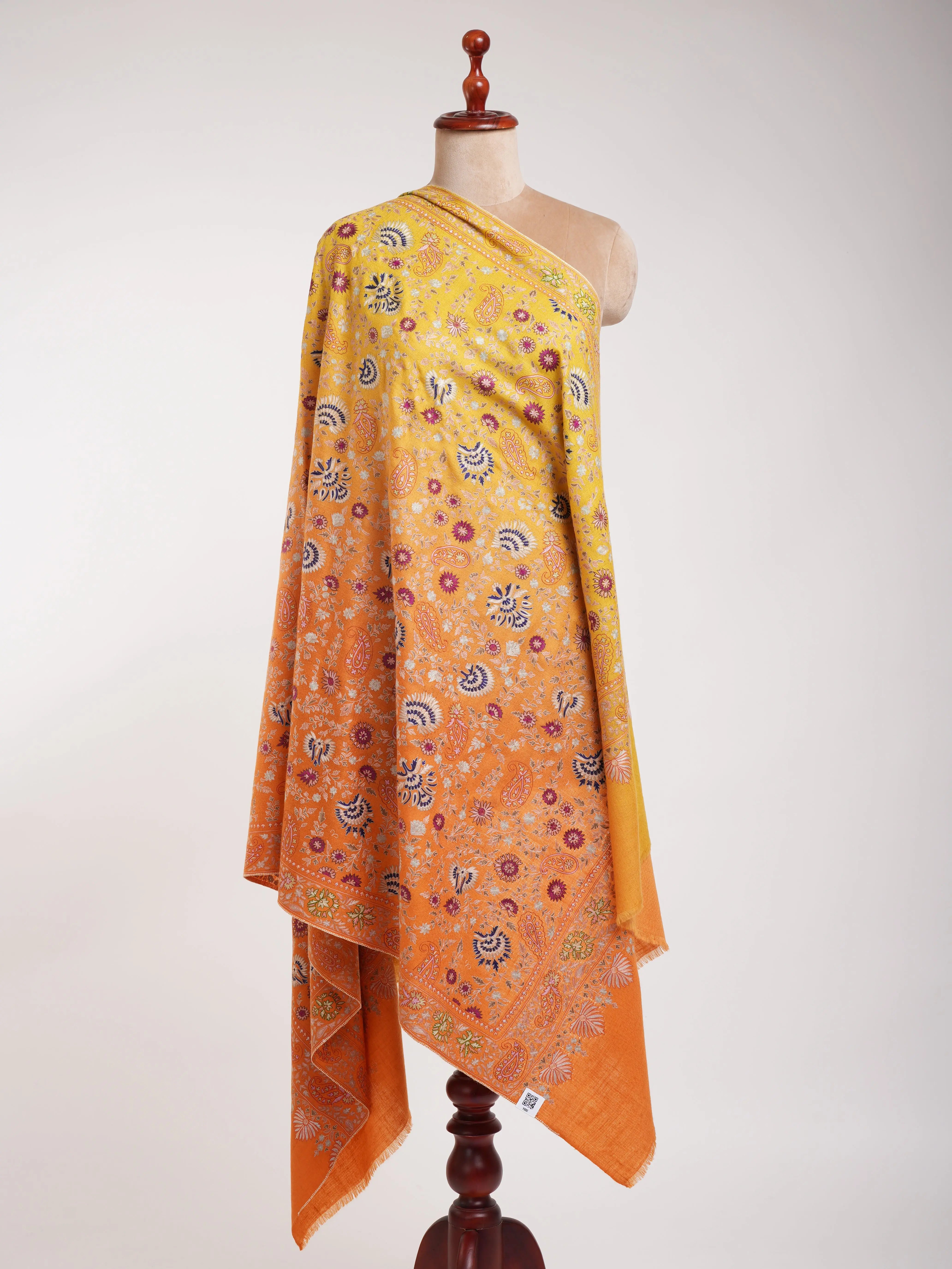 Orange and Yellow Embroidered Indian Cashmere Pashmina Shawl Shahkaar