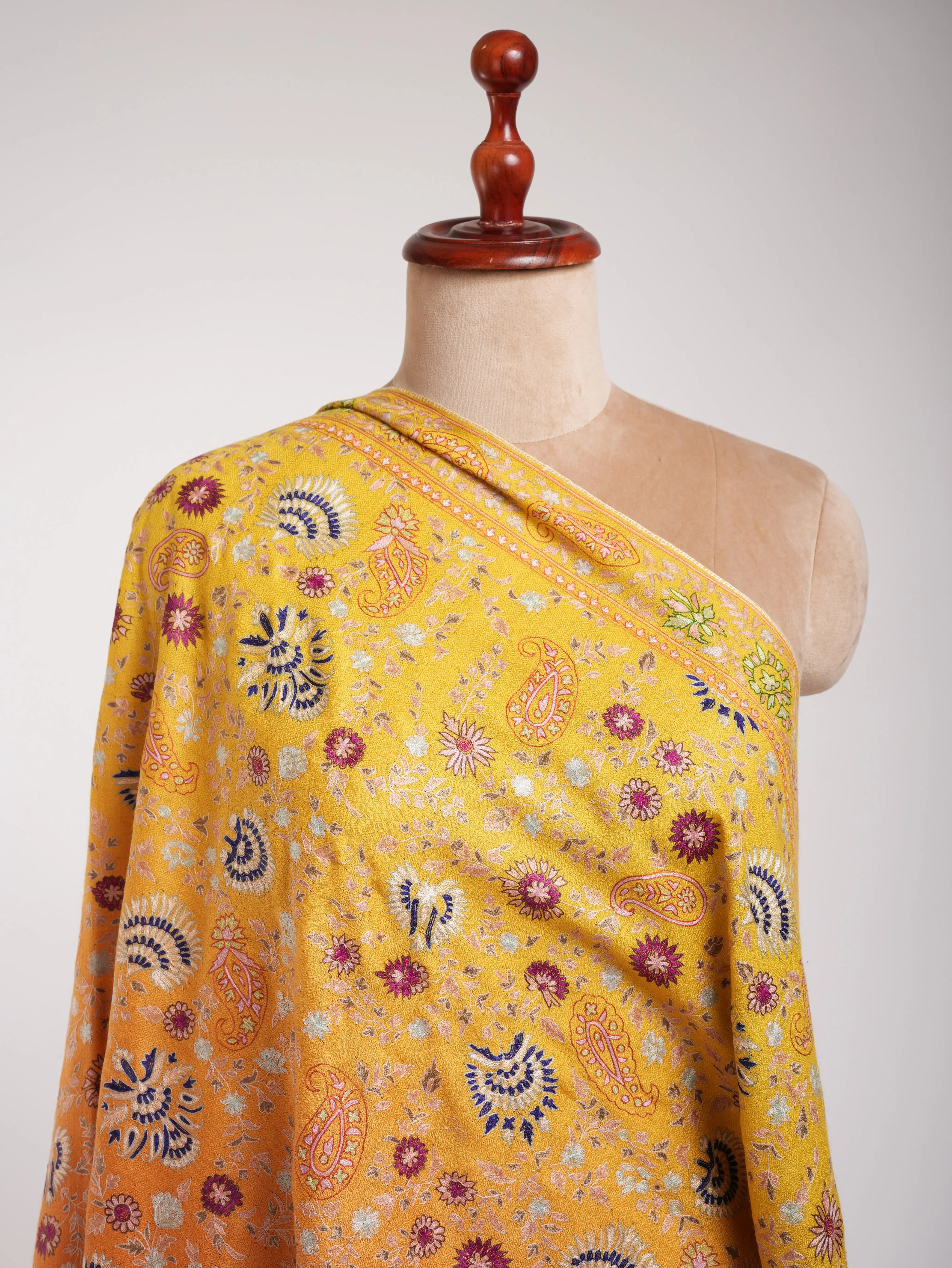 Orange and Yellow Embroidered Indian Cashmere Pashmina Shawl Shahkaar