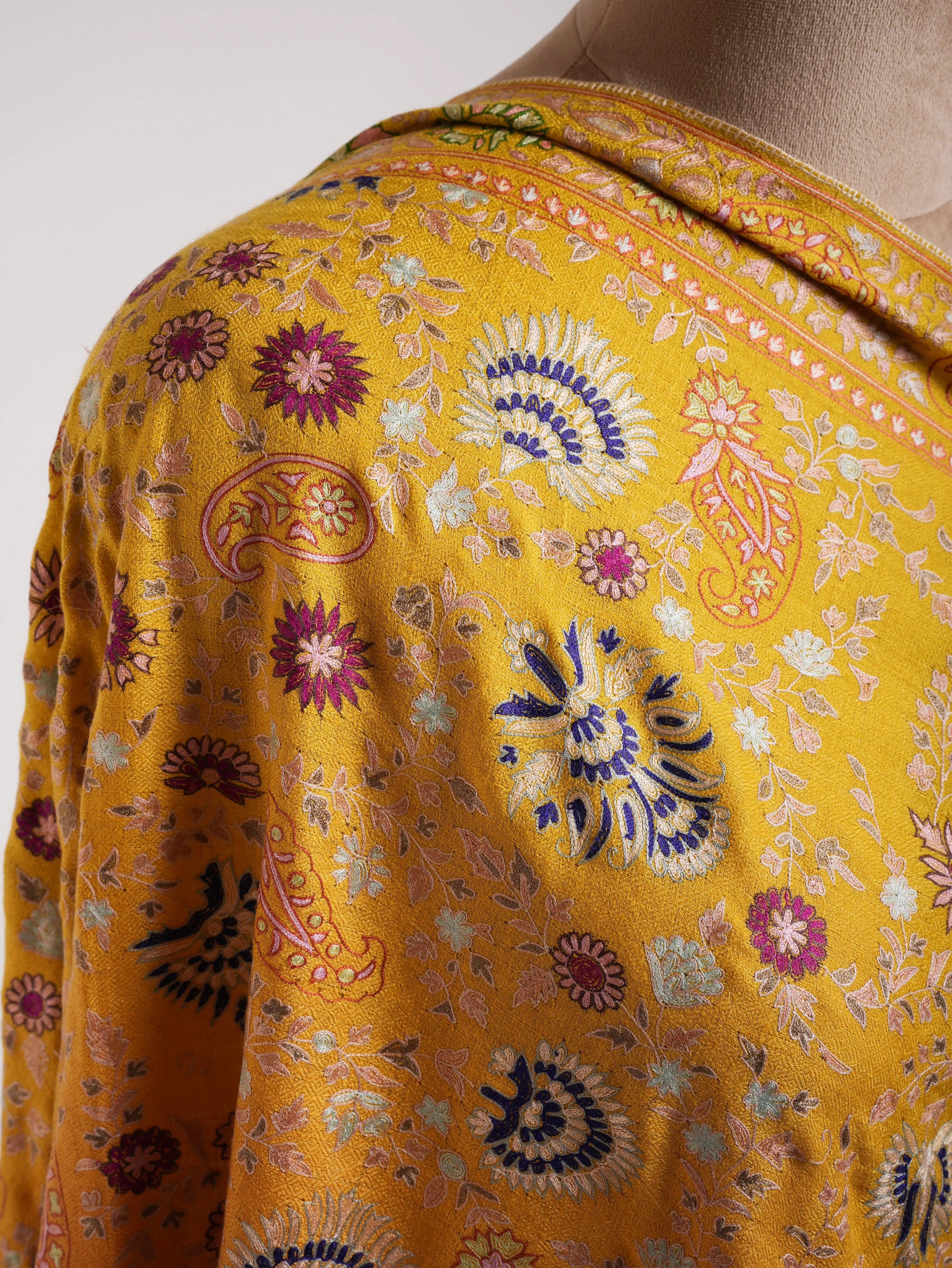 Orange and Yellow Embroidered Indian Cashmere Pashmina Shawl Shahkaar