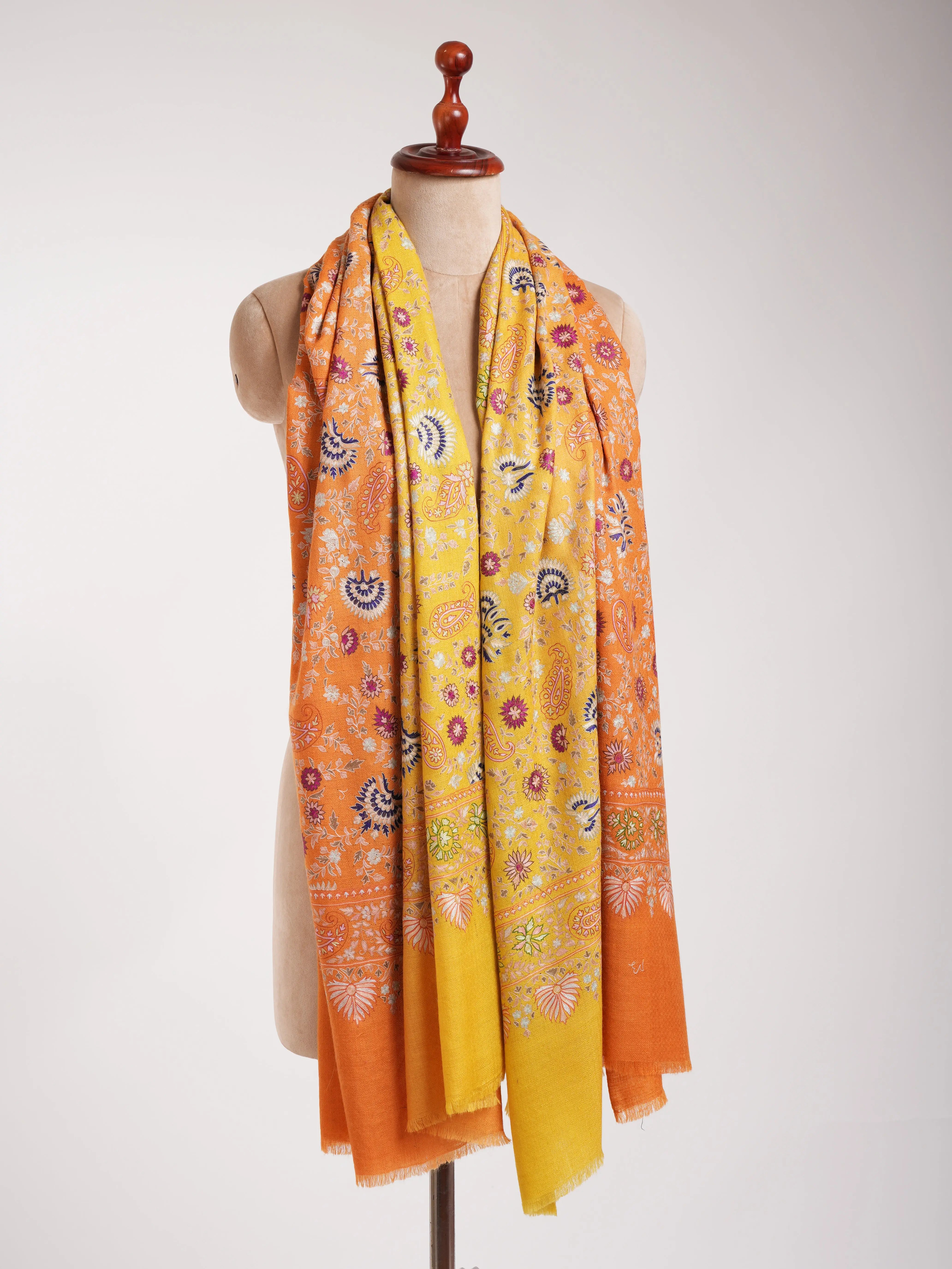 Orange and Yellow Embroidered Indian Cashmere Pashmina Shawl Shahkaar