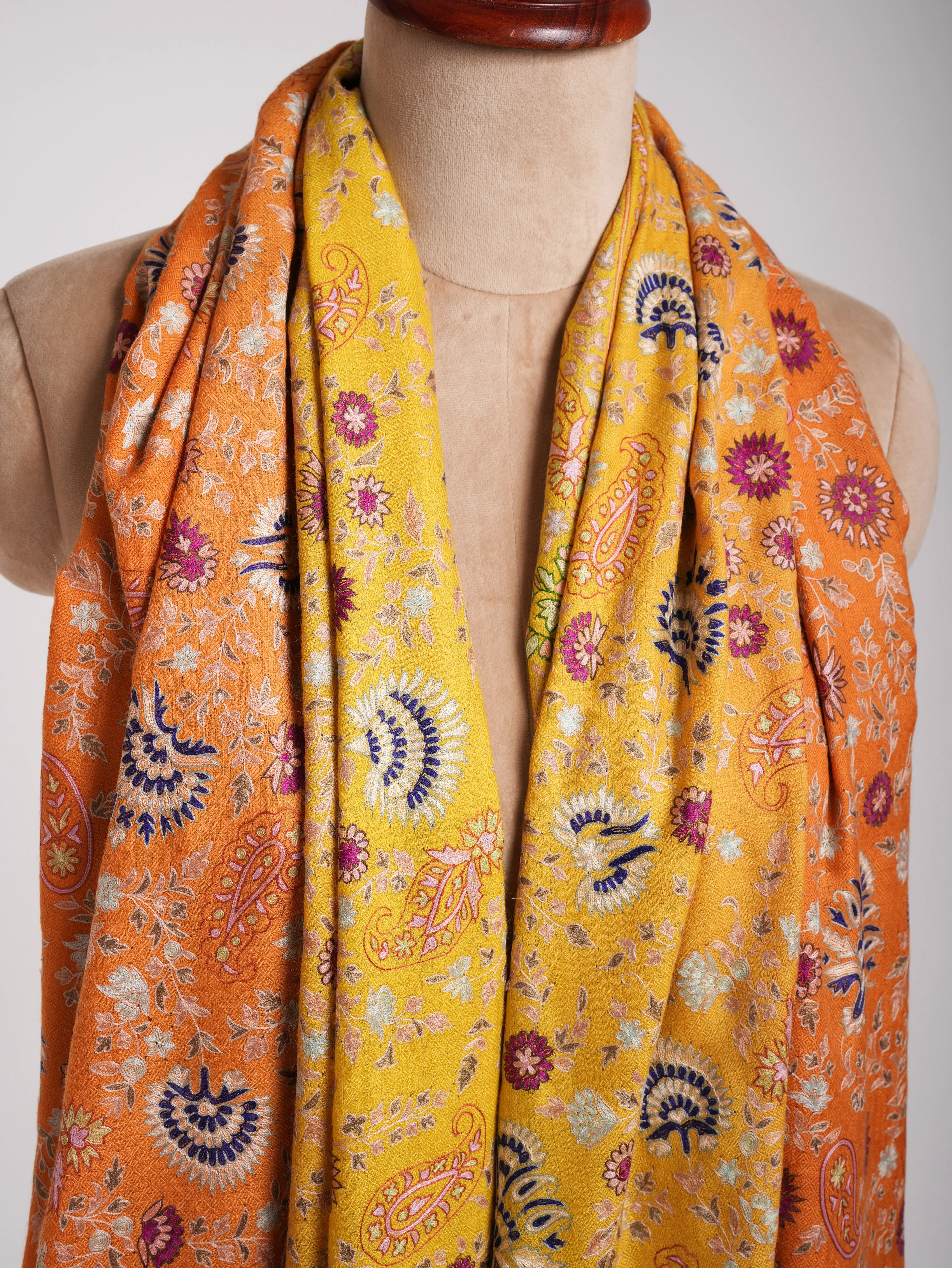 Orange and Yellow Embroidered Indian Cashmere Pashmina Shawl Shahkaar