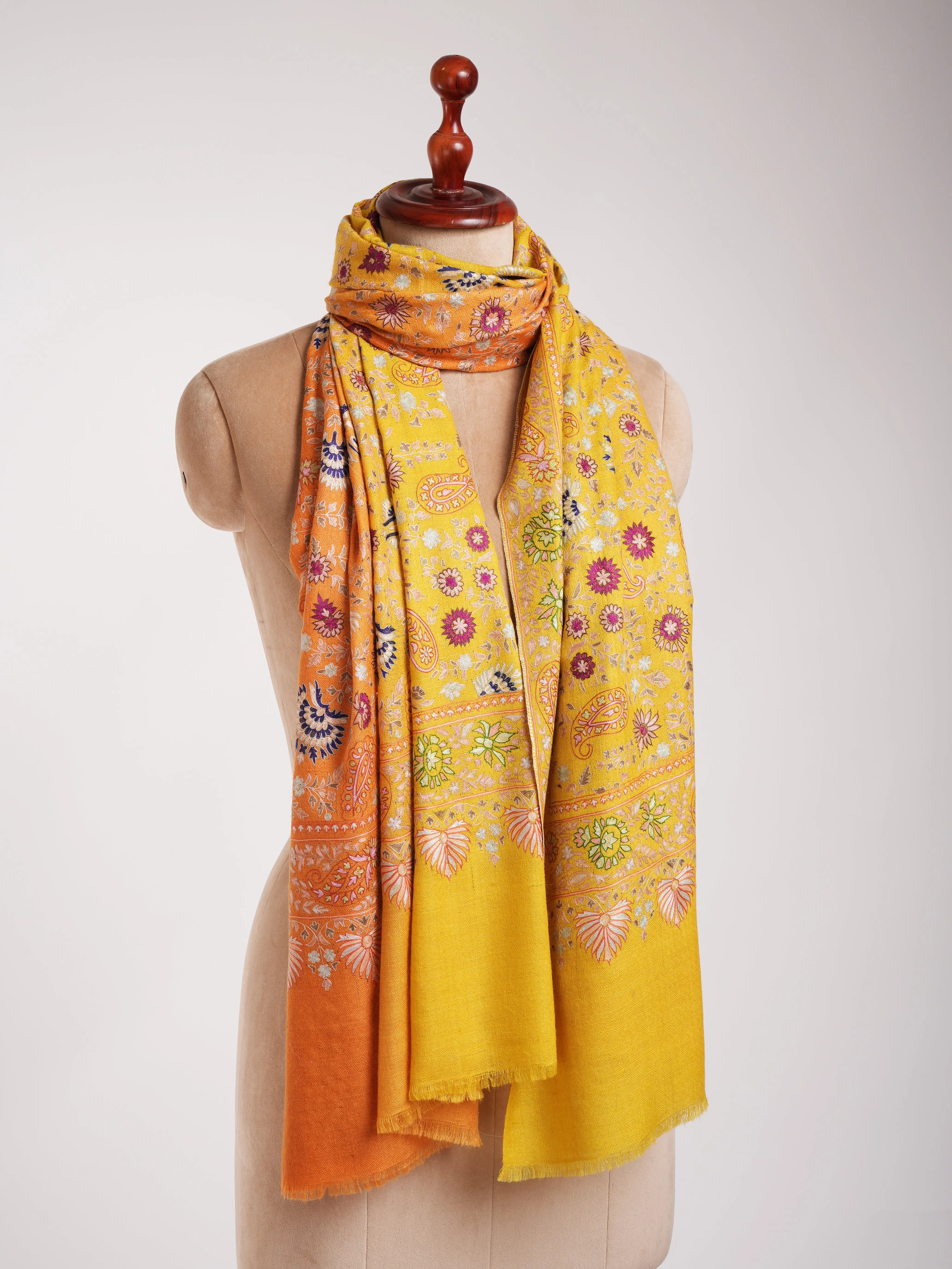 Orange and Yellow Embroidered Indian Cashmere Pashmina Shawl Shahkaar