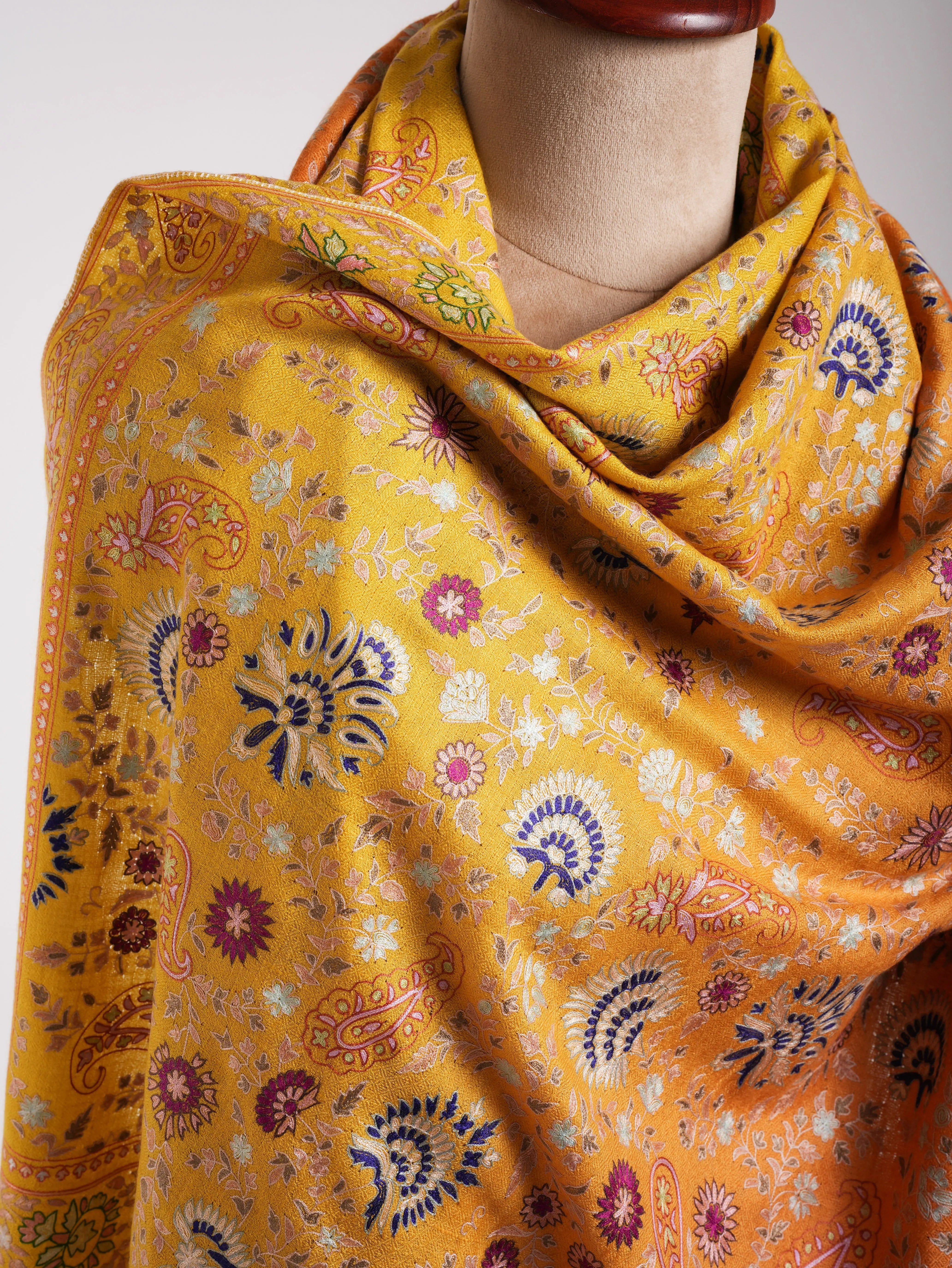 Orange and Yellow Embroidered Indian Cashmere Pashmina Shawl Shahkaar