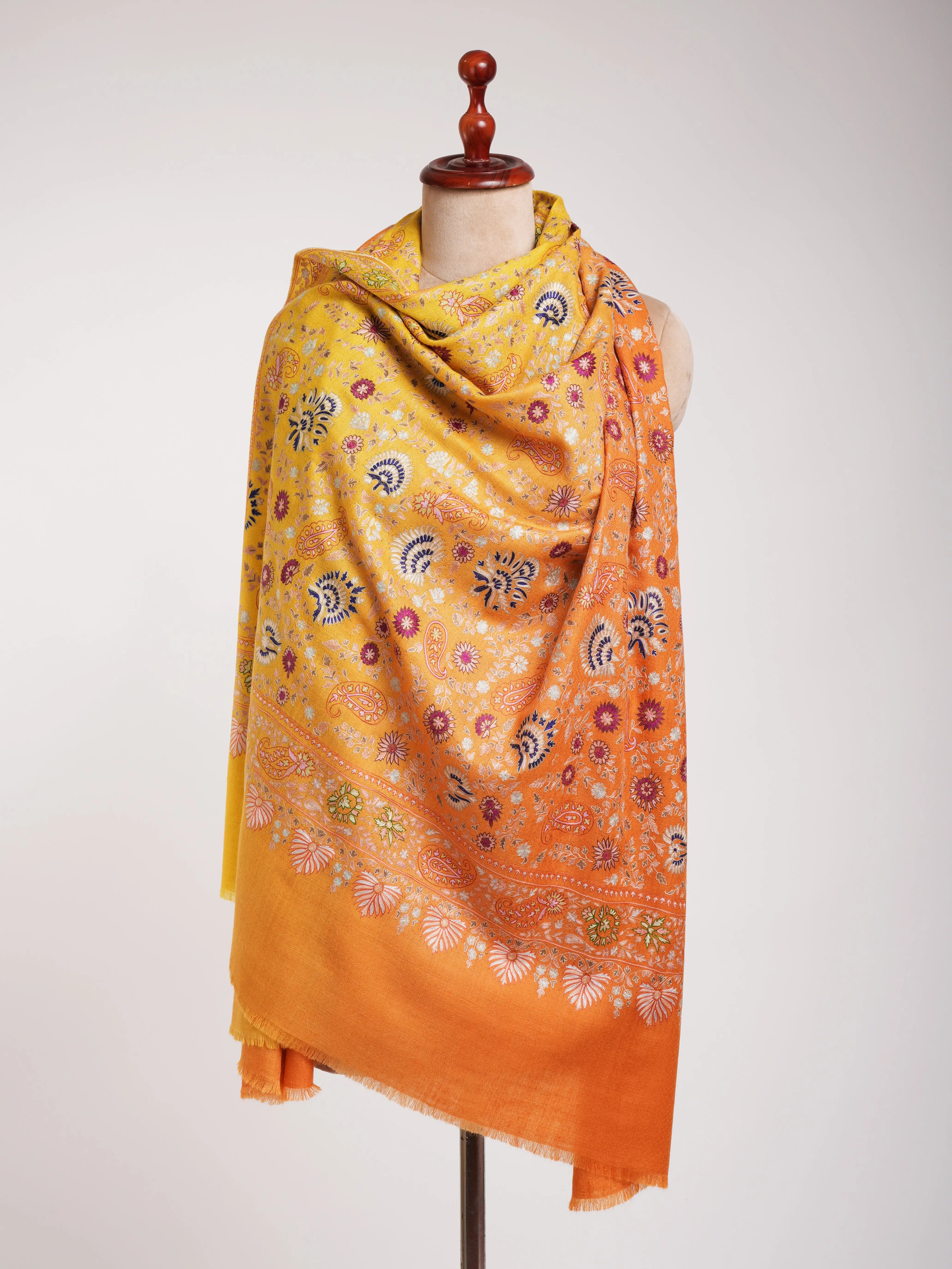 Orange and Yellow Embroidered Indian Cashmere Pashmina Shawl Shahkaar