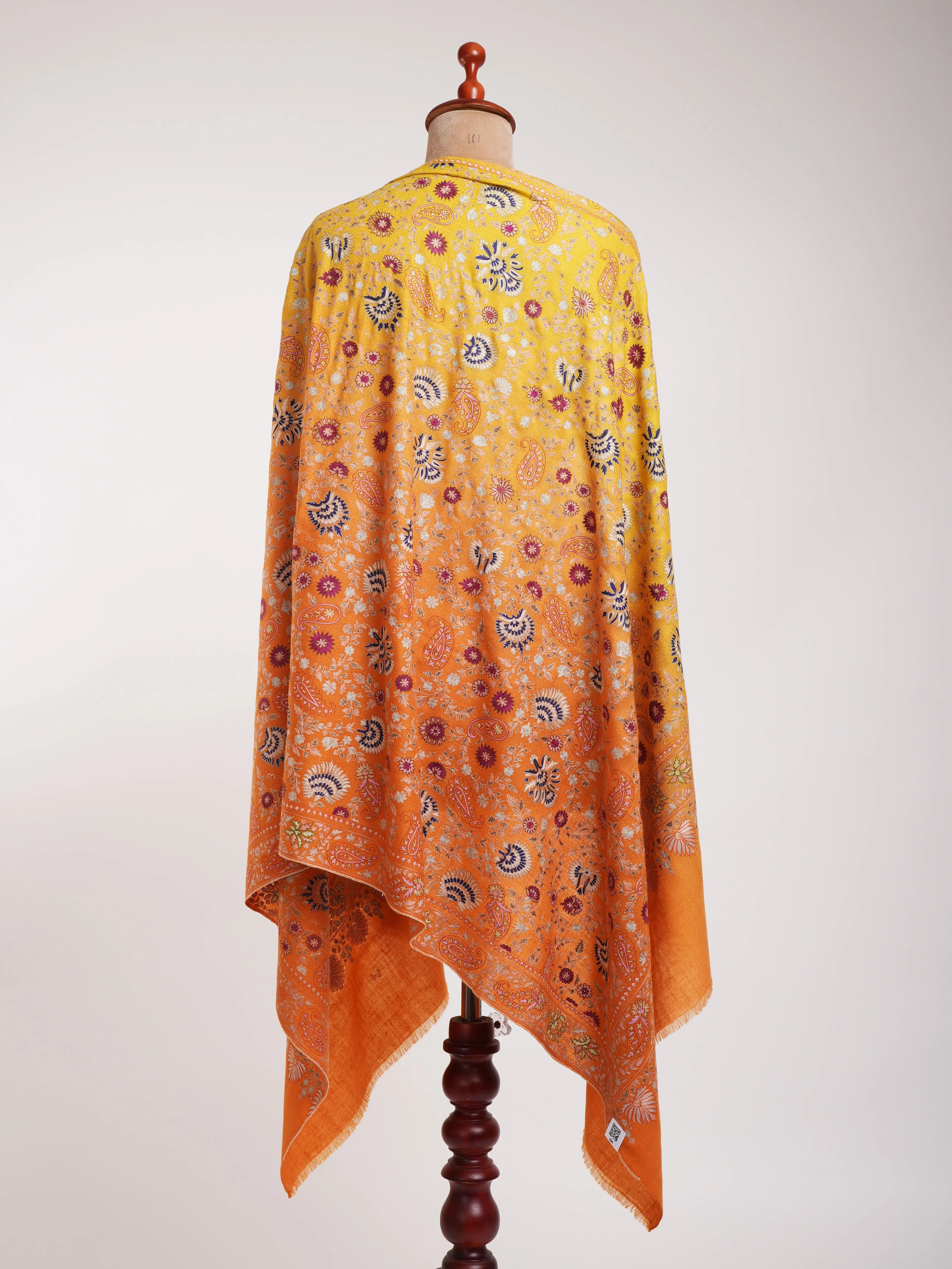 Orange and Yellow Embroidered Indian Cashmere Pashmina Shawl Shahkaar