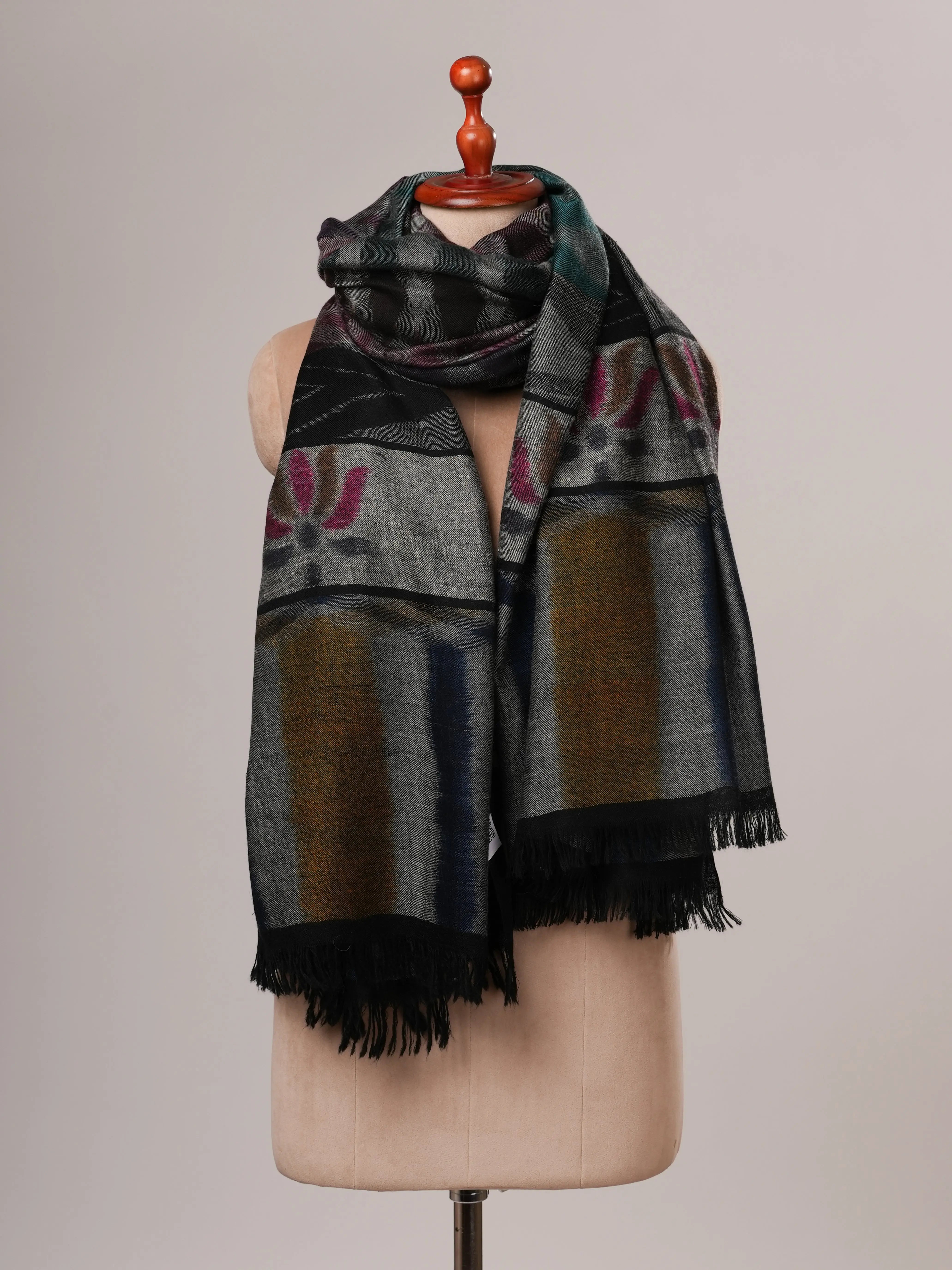 Oversized Black Ikat Handwoven Indian Pashmina Shawl Shahkaar