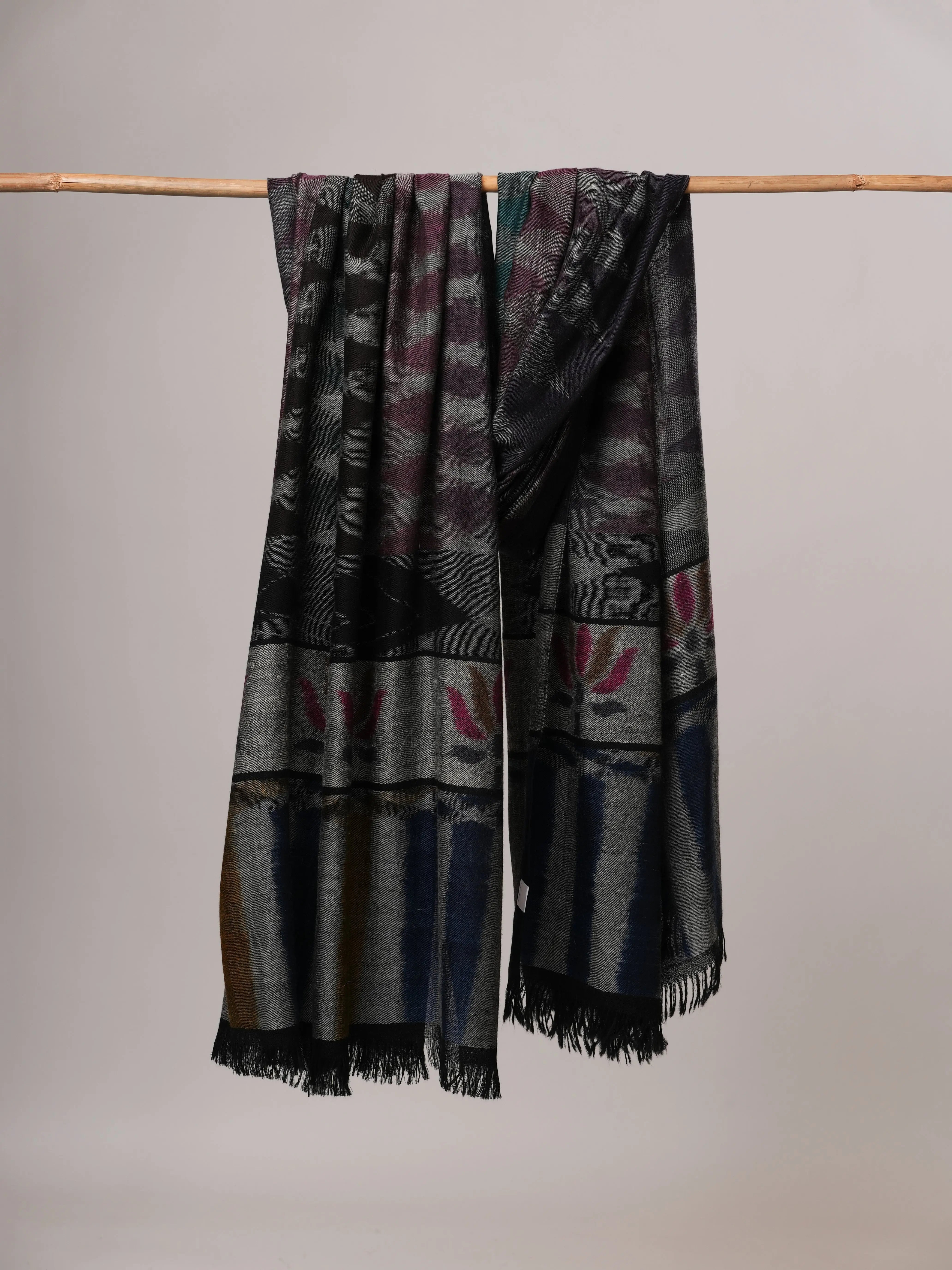 Oversized Black Ikat Handwoven Indian Pashmina Shawl Shahkaar