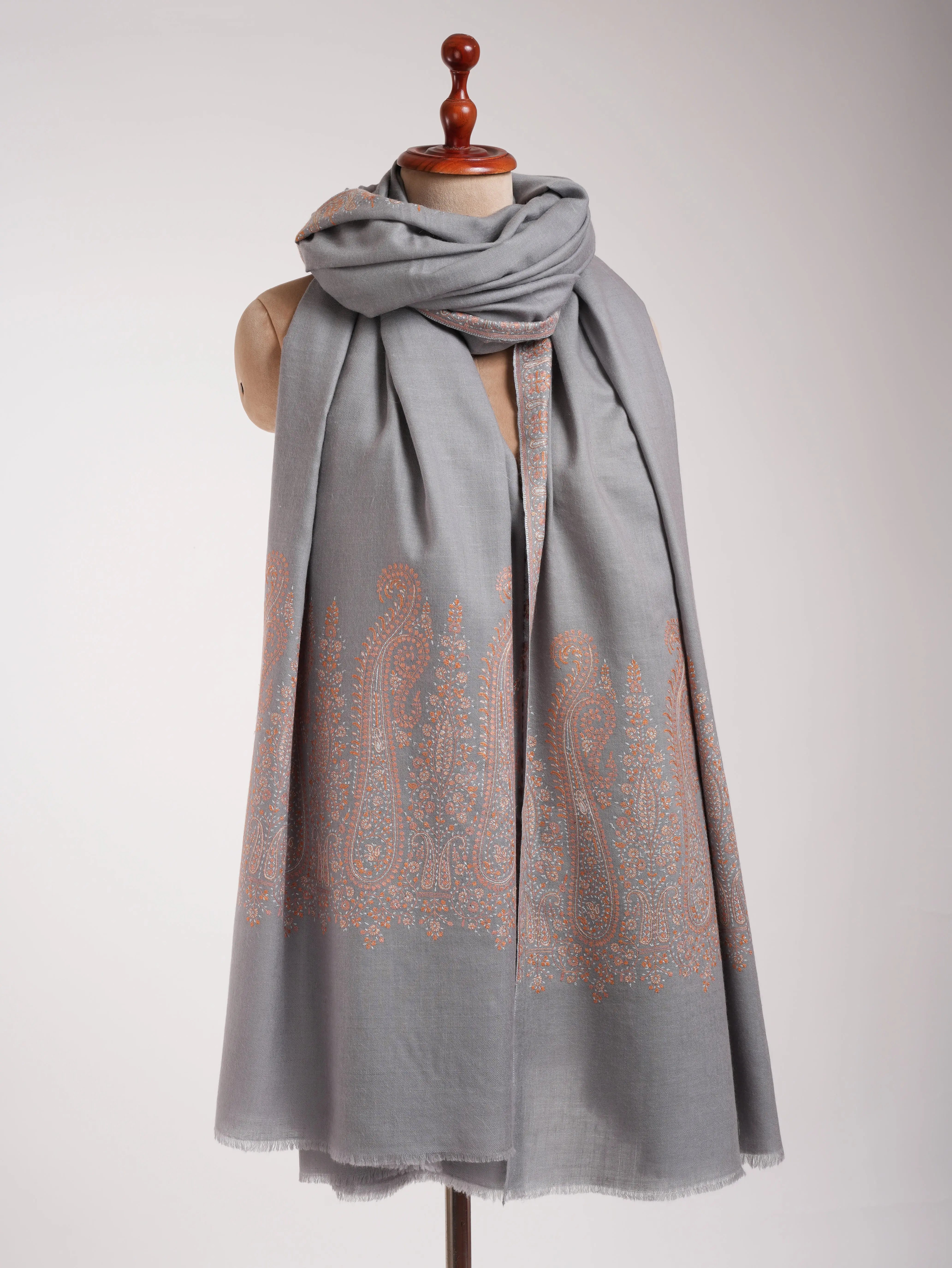 Oversized Grey Pashmina with Kashmiri Sozni Embroidery Shahkaar