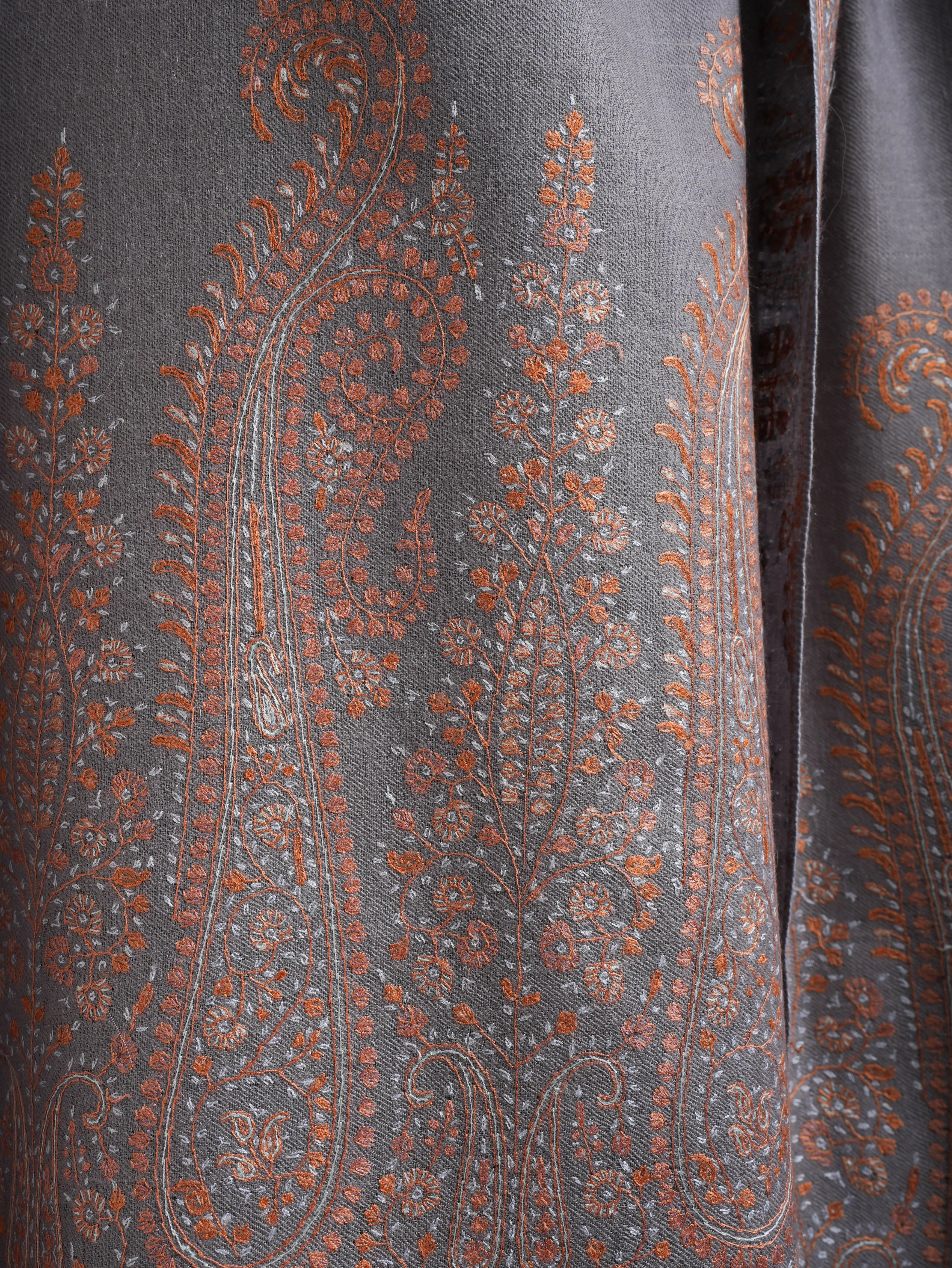 Oversized Grey Pashmina with Kashmiri Sozni Embroidery Shahkaar