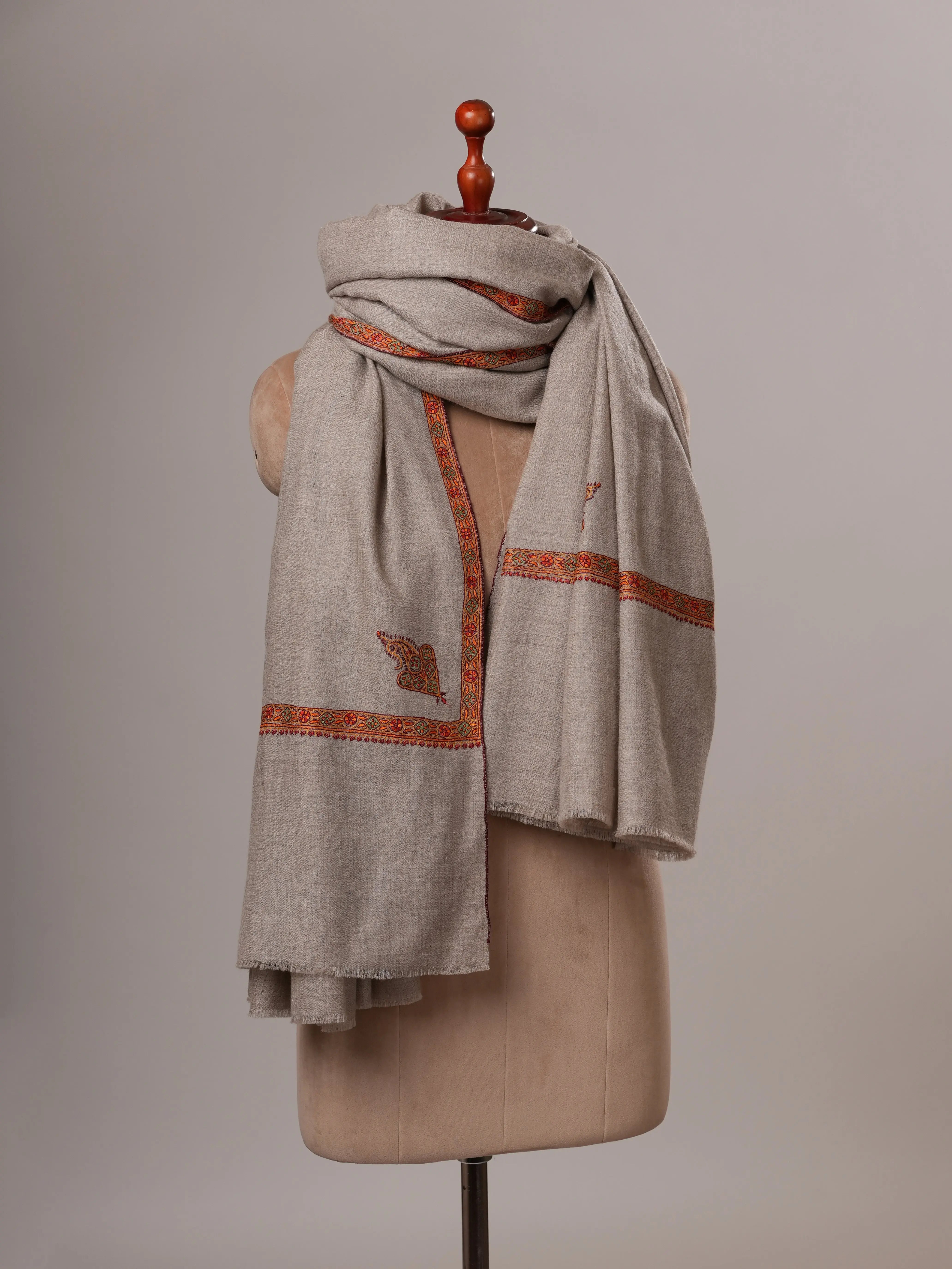 Oversized Handwoven Lightweight Pure Pashmina Shawl with Hashia Embroidery Shahkaar
