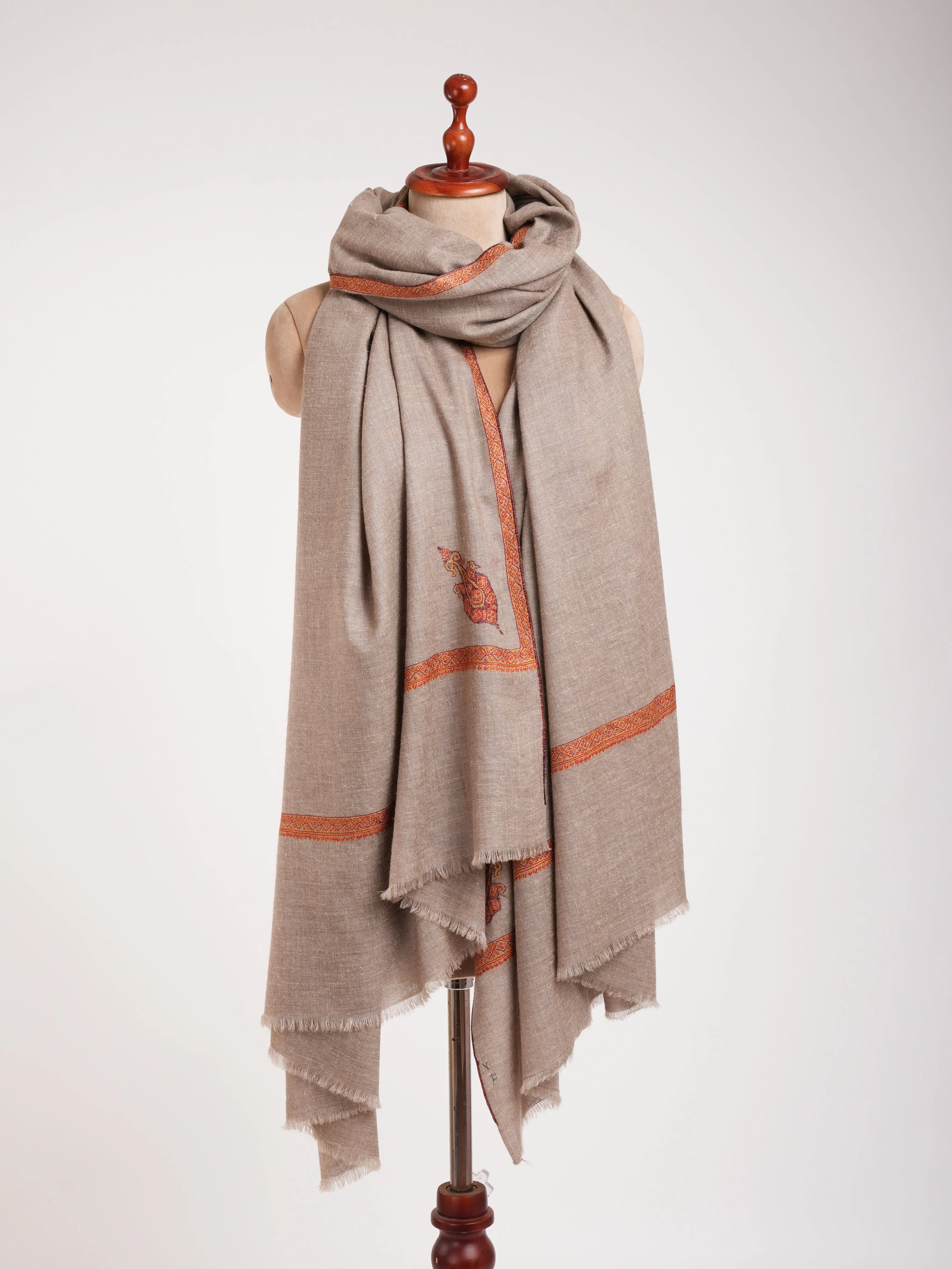 Oversized Natural Grey Hand embroidered Pashmina Shawl Shahkaar