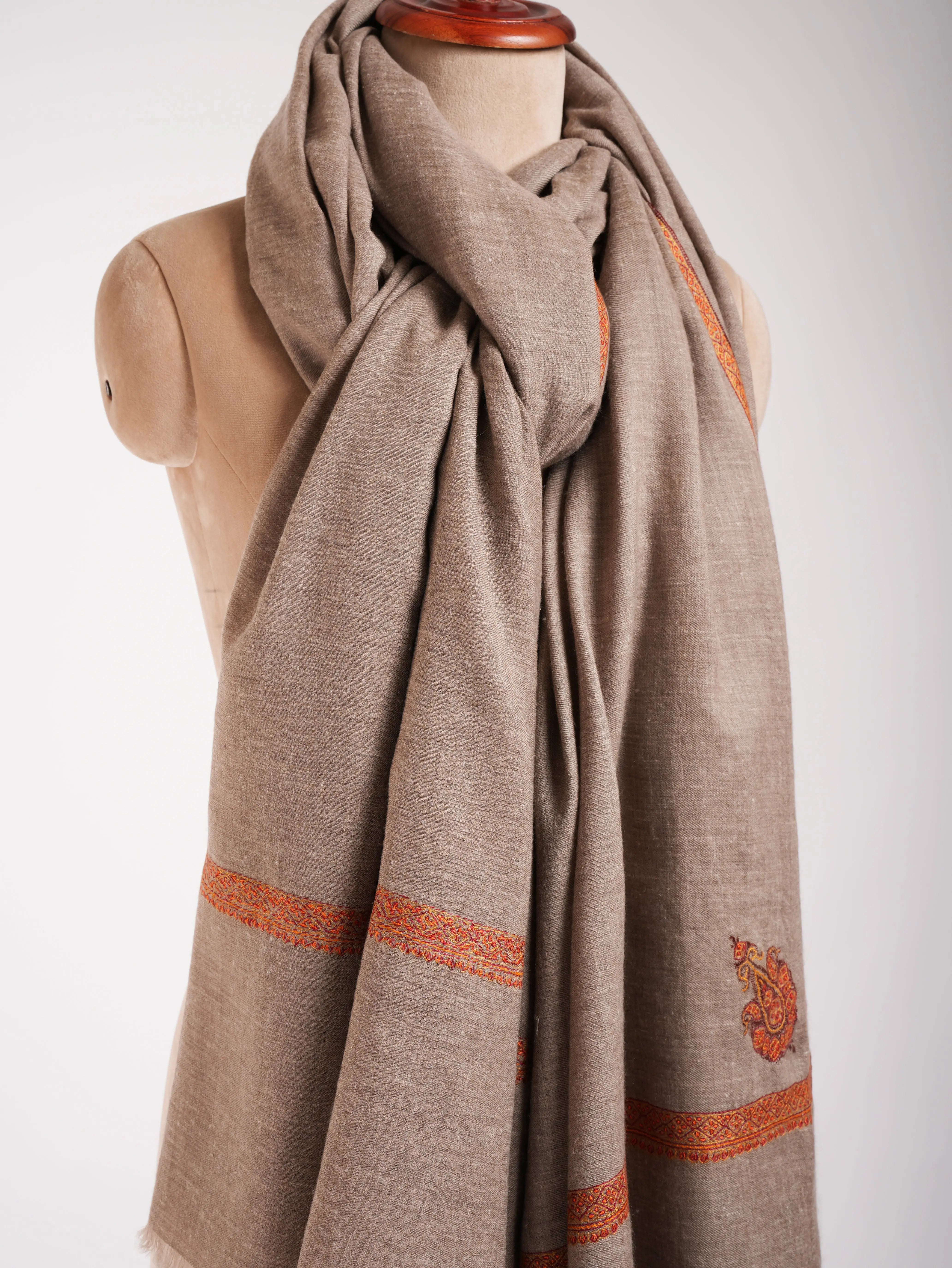 Oversized Natural Grey Hand embroidered Pashmina Shawl Shahkaar