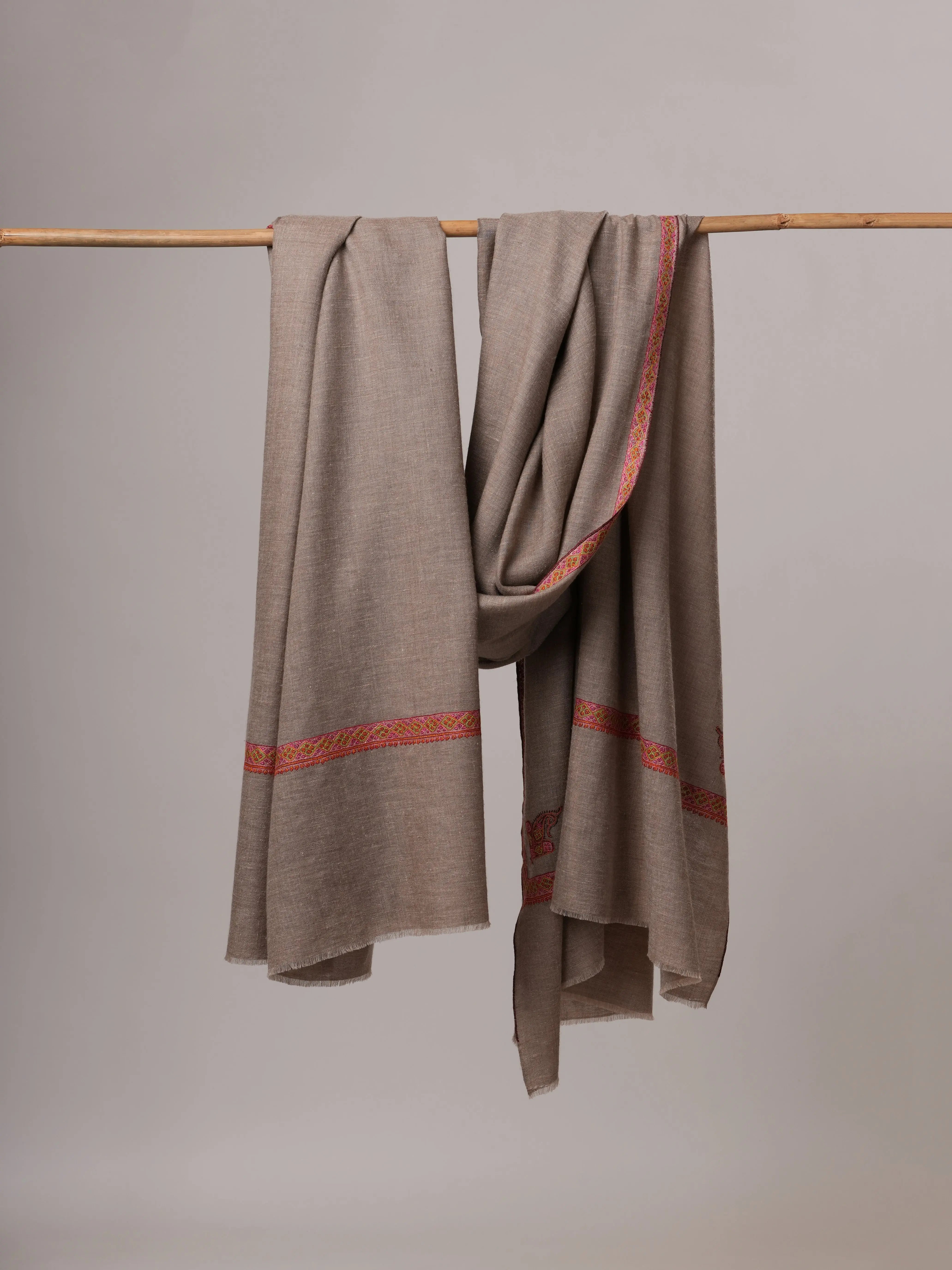 Oversized Natural Grey Hashia Embroidered Baby Soft Pashmina Wrap Shahkaar