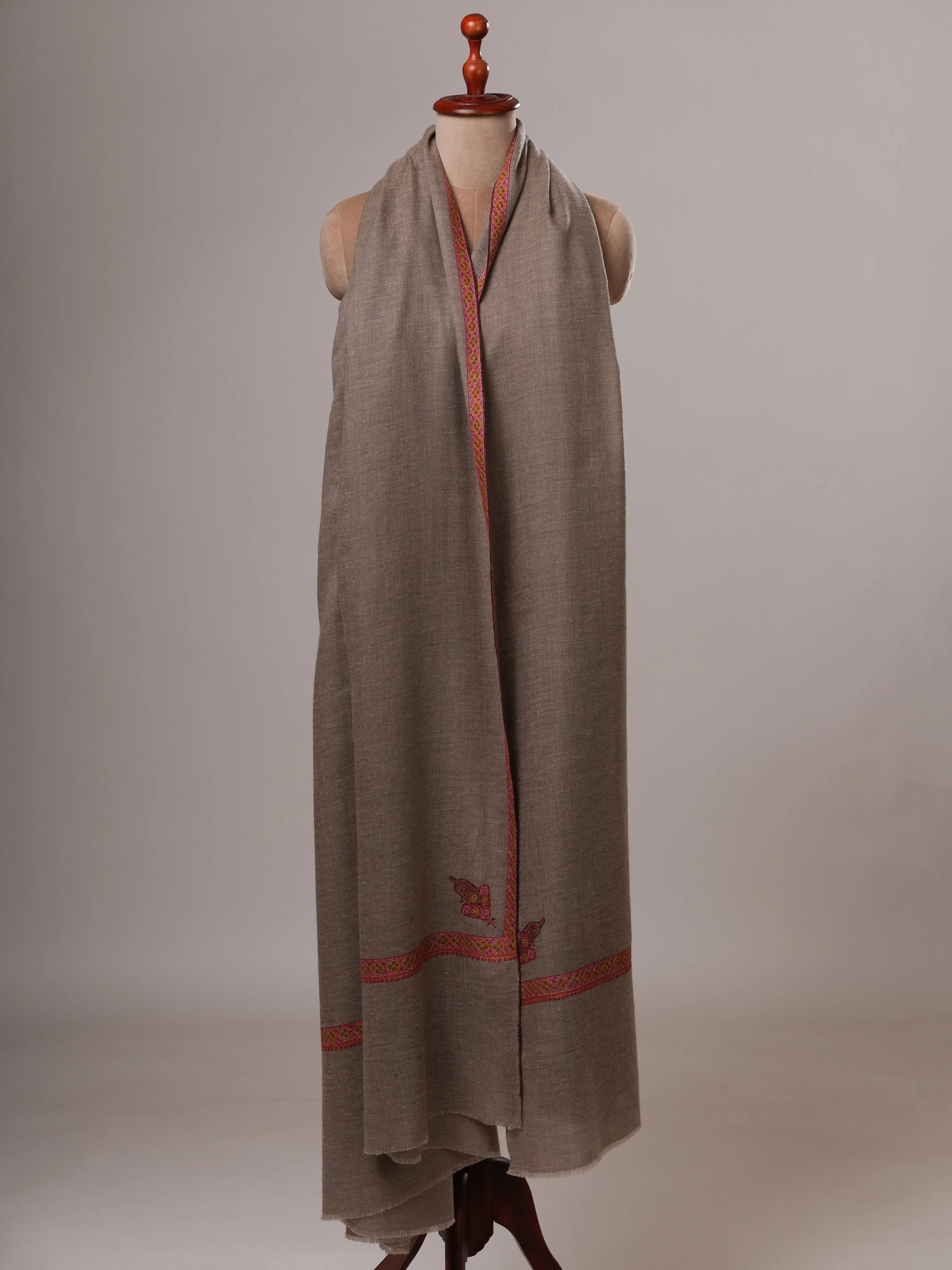 Oversized Natural Grey Hashia Embroidered Baby Soft Pashmina Wrap Shahkaar