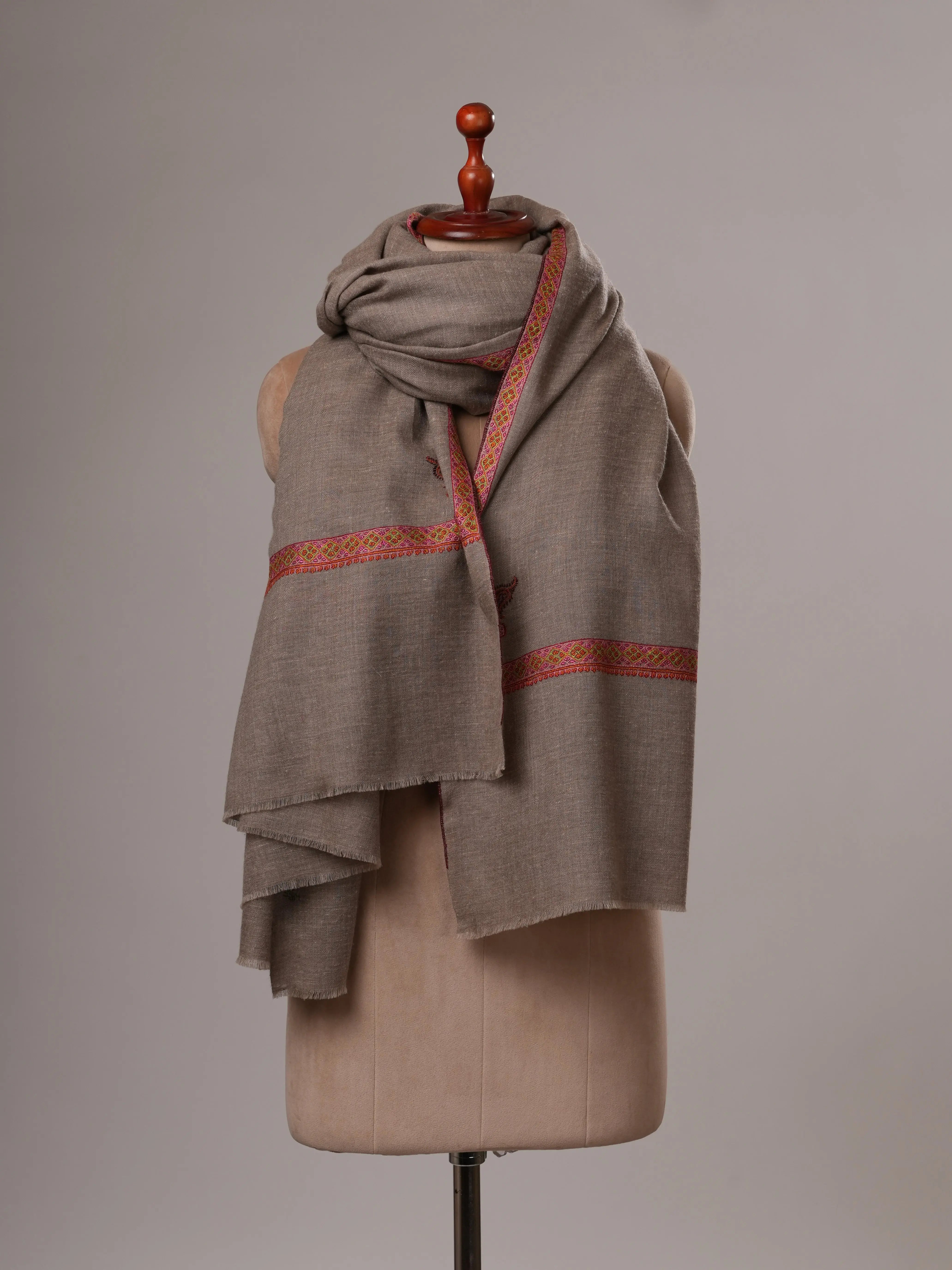 Oversized Natural Grey Hashia Embroidered Baby Soft Pashmina Wrap Shahkaar