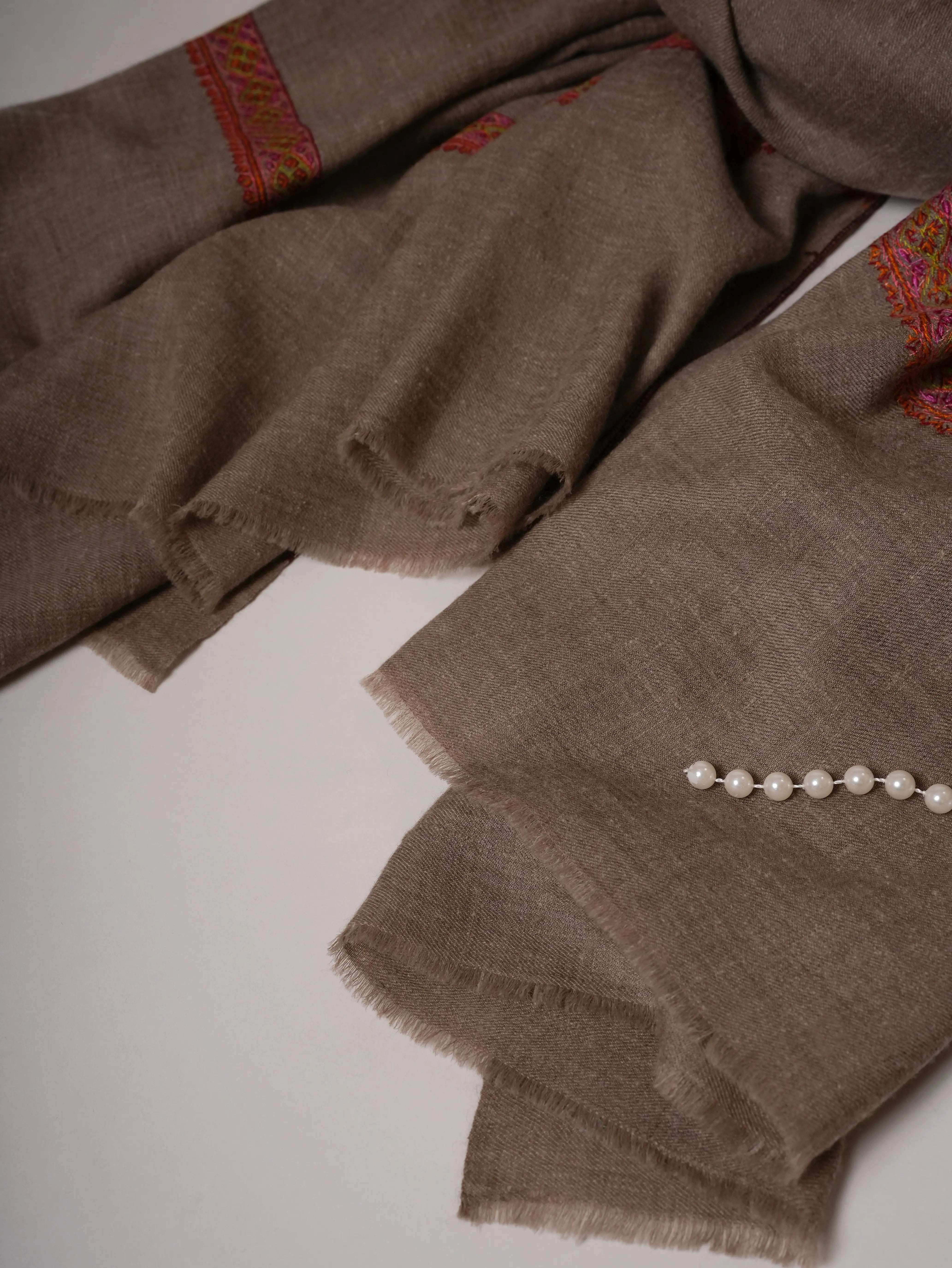 Oversized Natural Grey Hashia Embroidered Baby Soft Pashmina Wrap Shahkaar