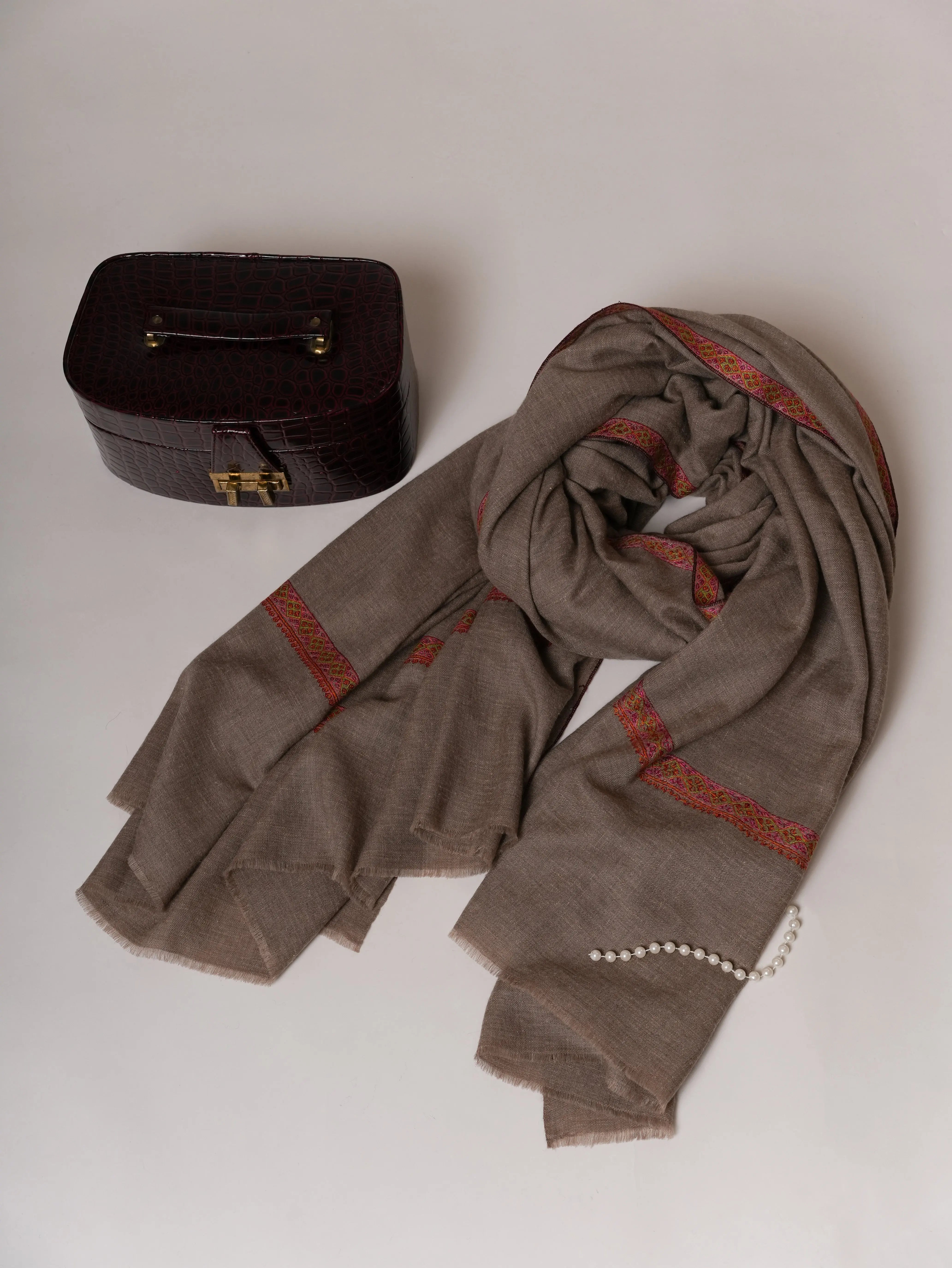 Oversized Natural Grey Hashia Embroidered Baby Soft Pashmina Wrap Shahkaar