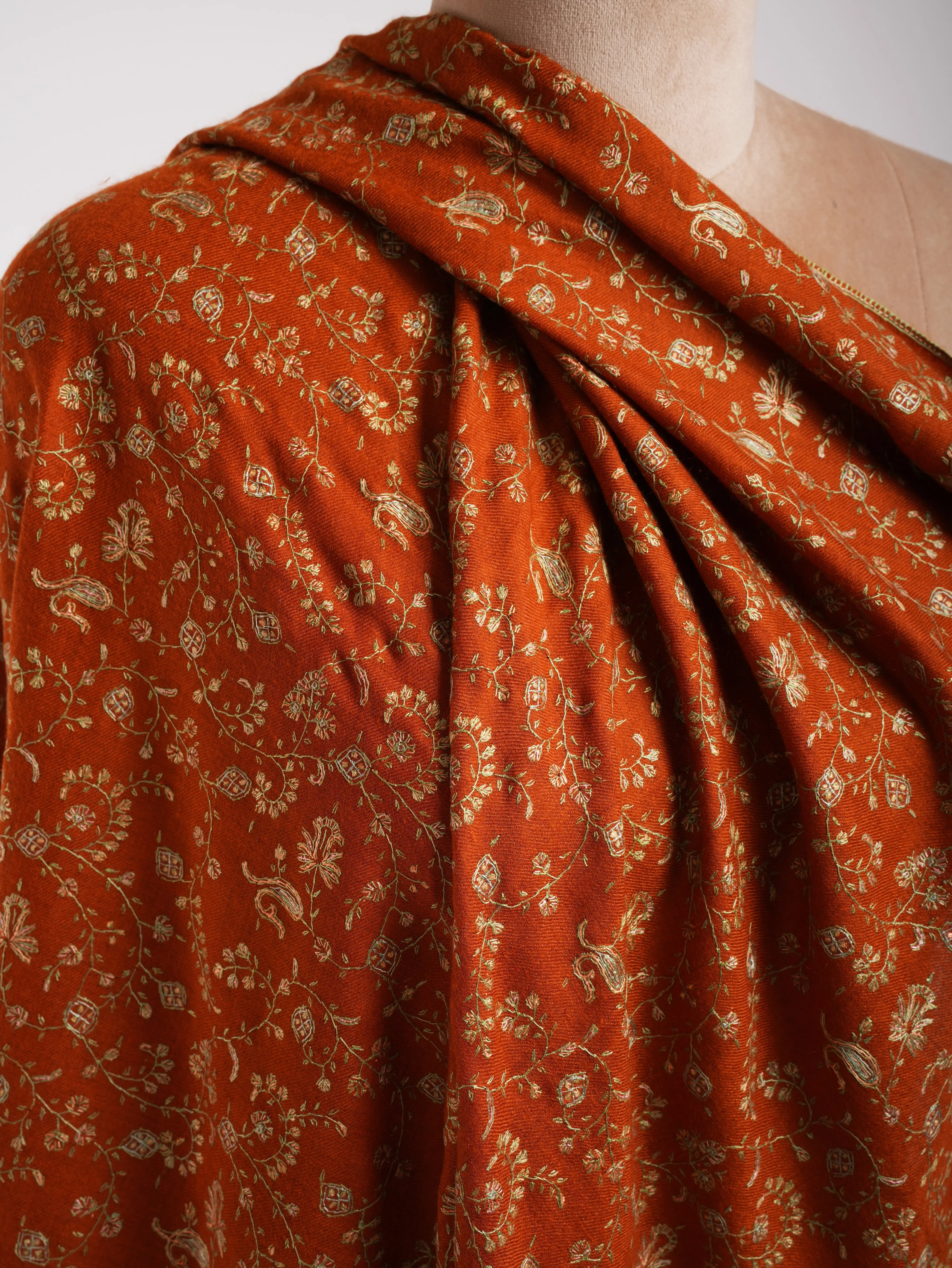 Oversized Rust Sozni Embroidered Indian Pashmina Wrap Shahkaar