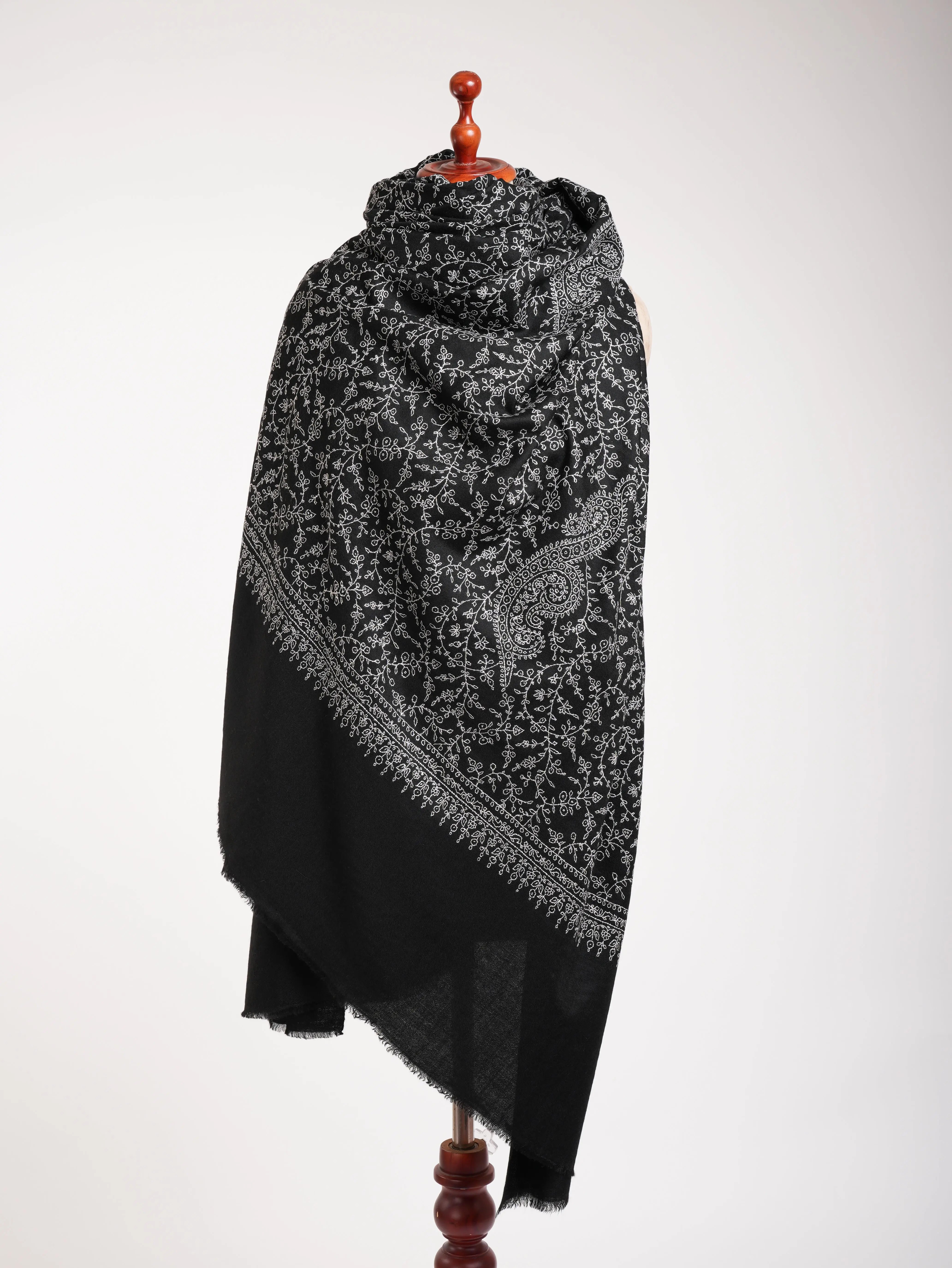 Oversized Sozni Embroidered Black Indian Pashmina Wrap Shahkaar