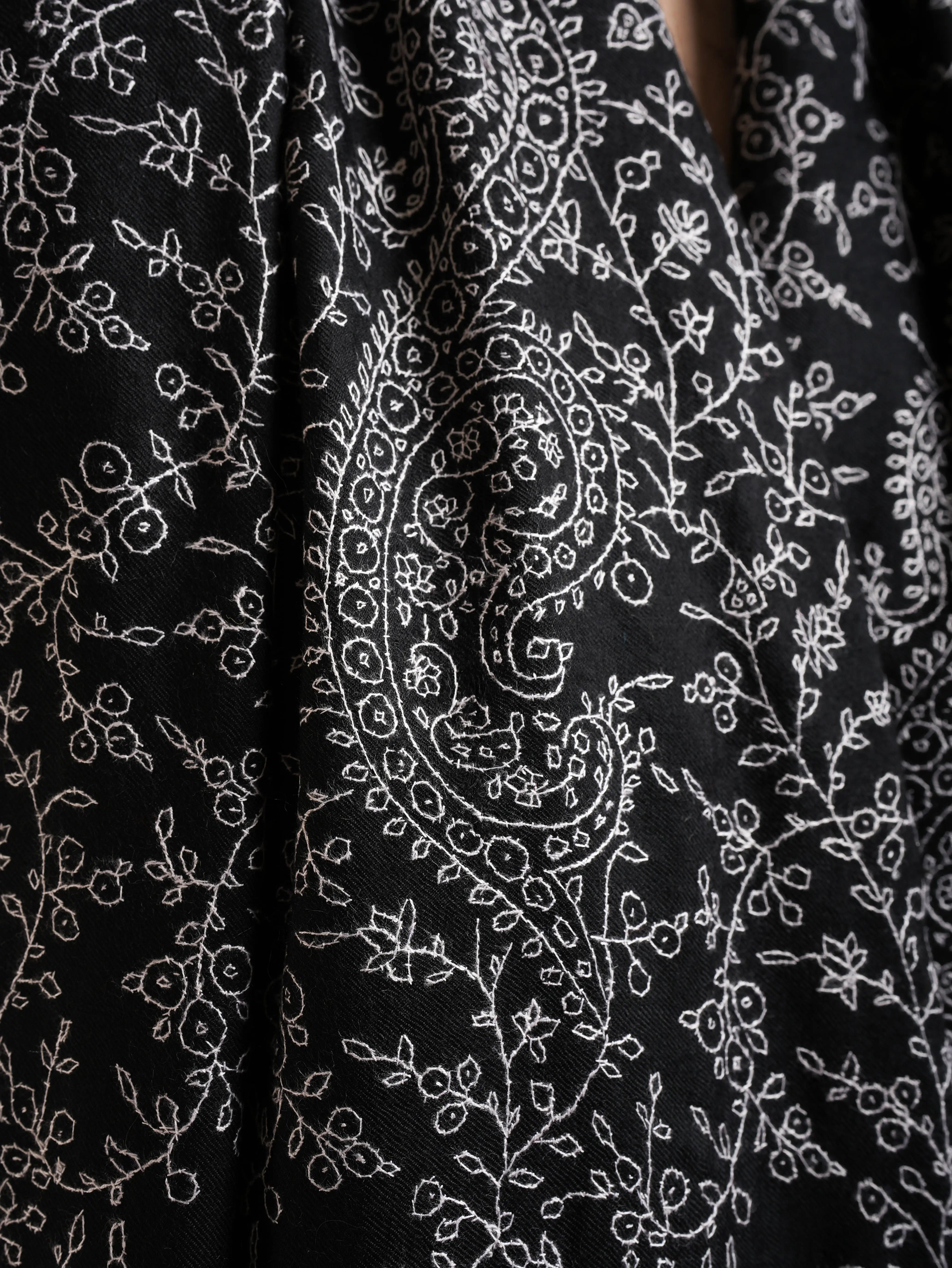 Oversized Sozni Embroidered Black Indian Pashmina Wrap Shahkaar