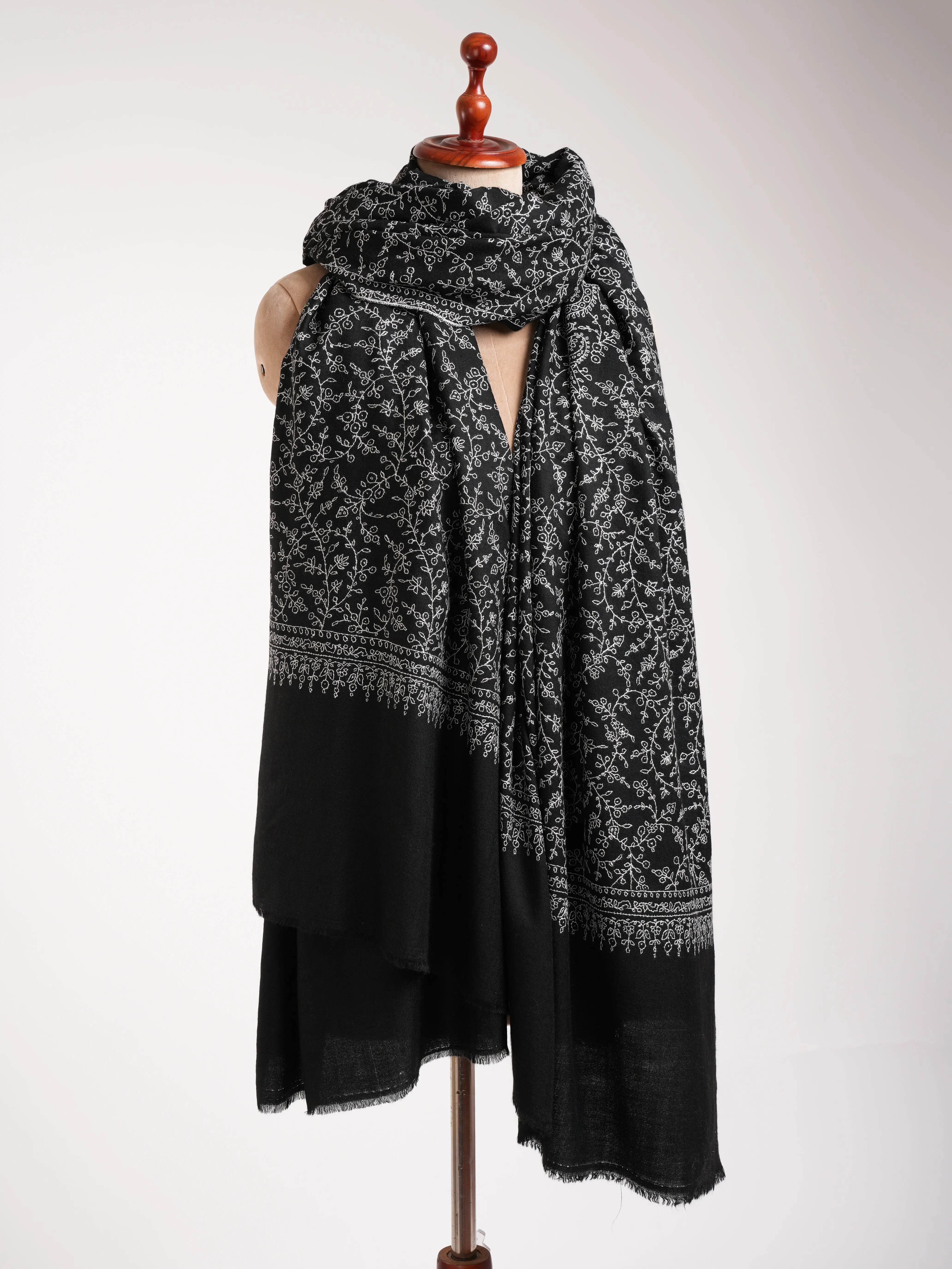 Oversized Sozni Embroidered Black Indian Pashmina Wrap Shahkaar