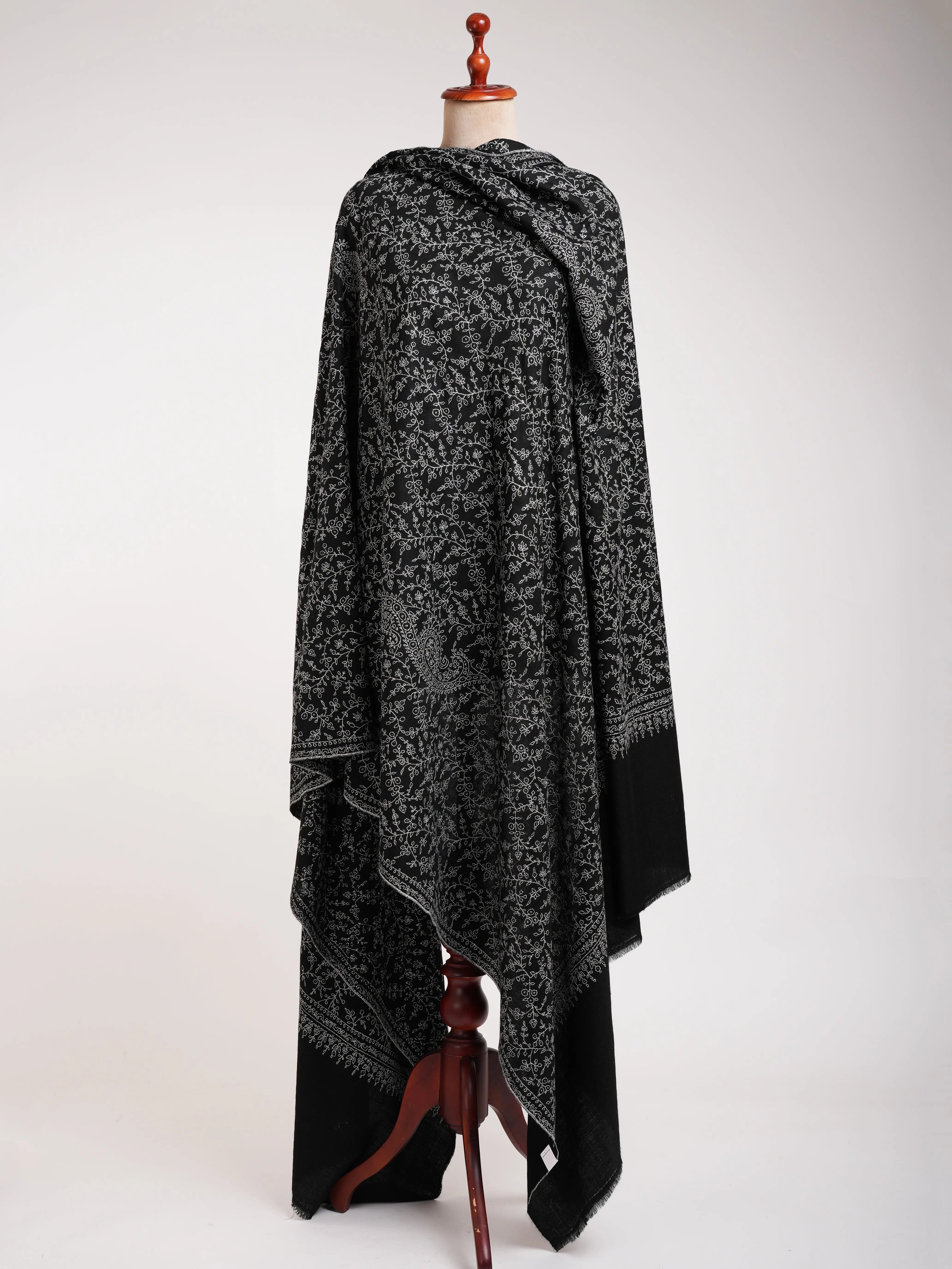 Oversized Sozni Embroidered Black Indian Pashmina Wrap Shahkaar
