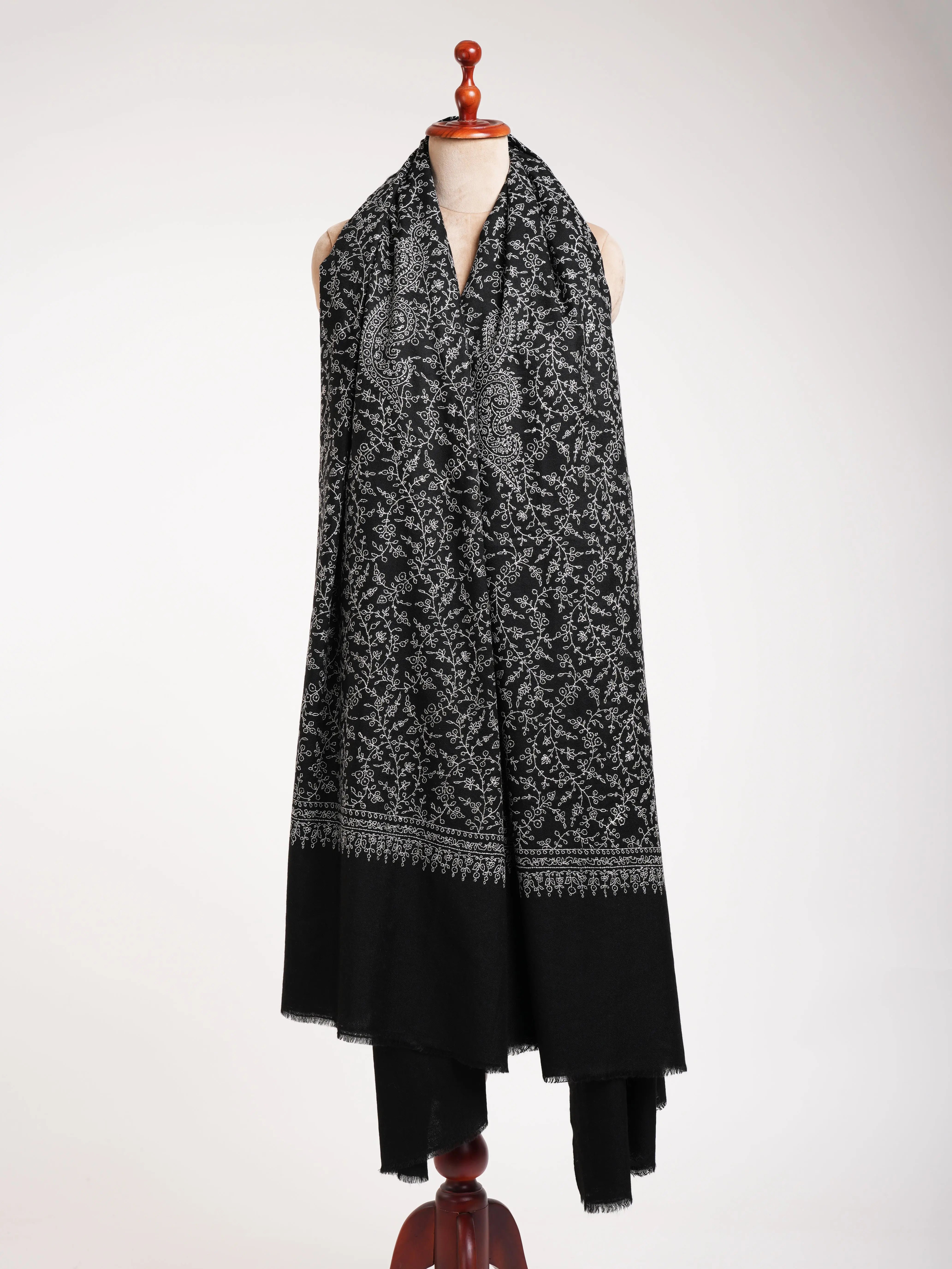 Oversized Sozni Embroidered Black Indian Pashmina Wrap Shahkaar