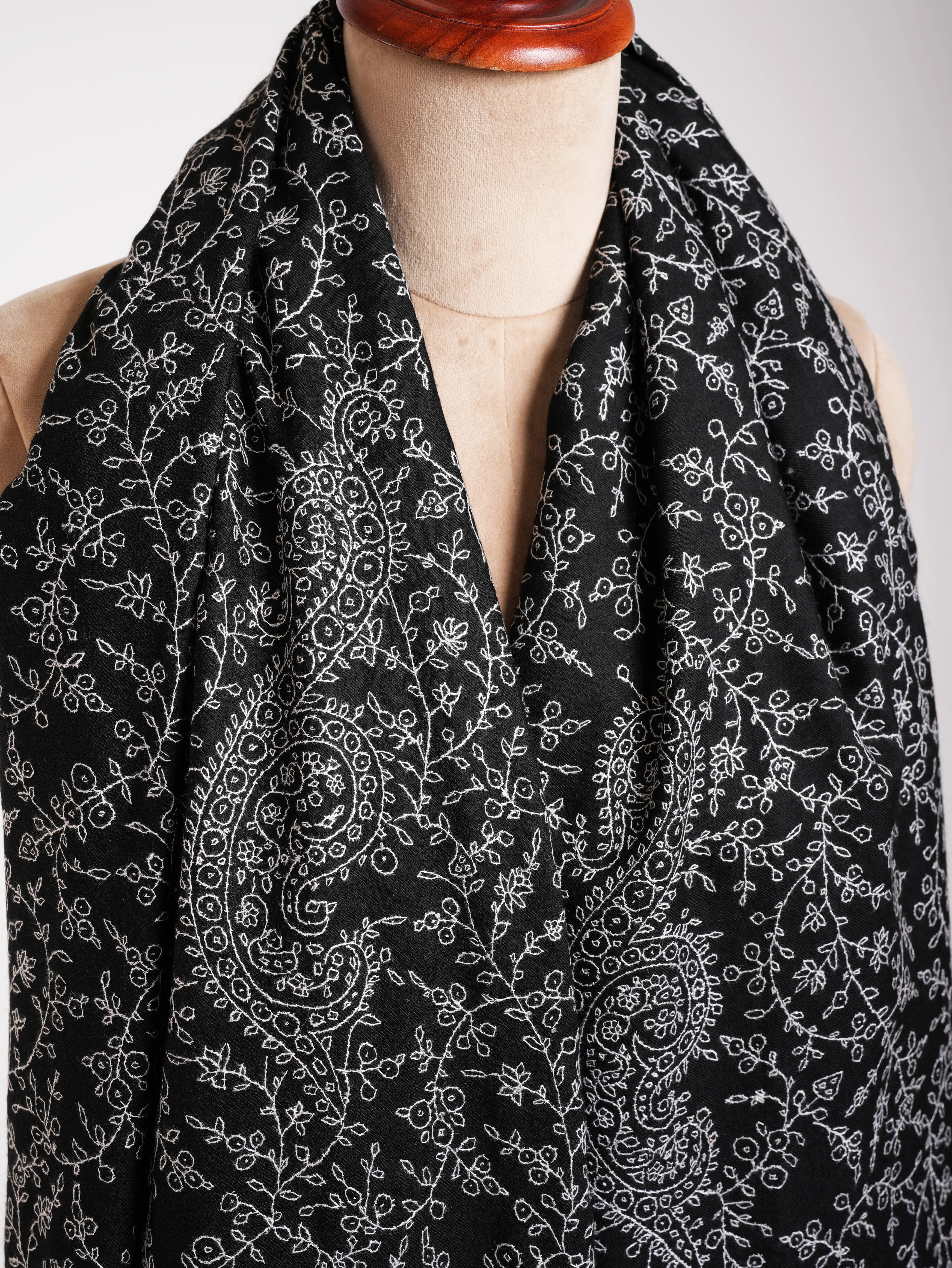 Oversized Sozni Embroidered Black Indian Pashmina Wrap Shahkaar