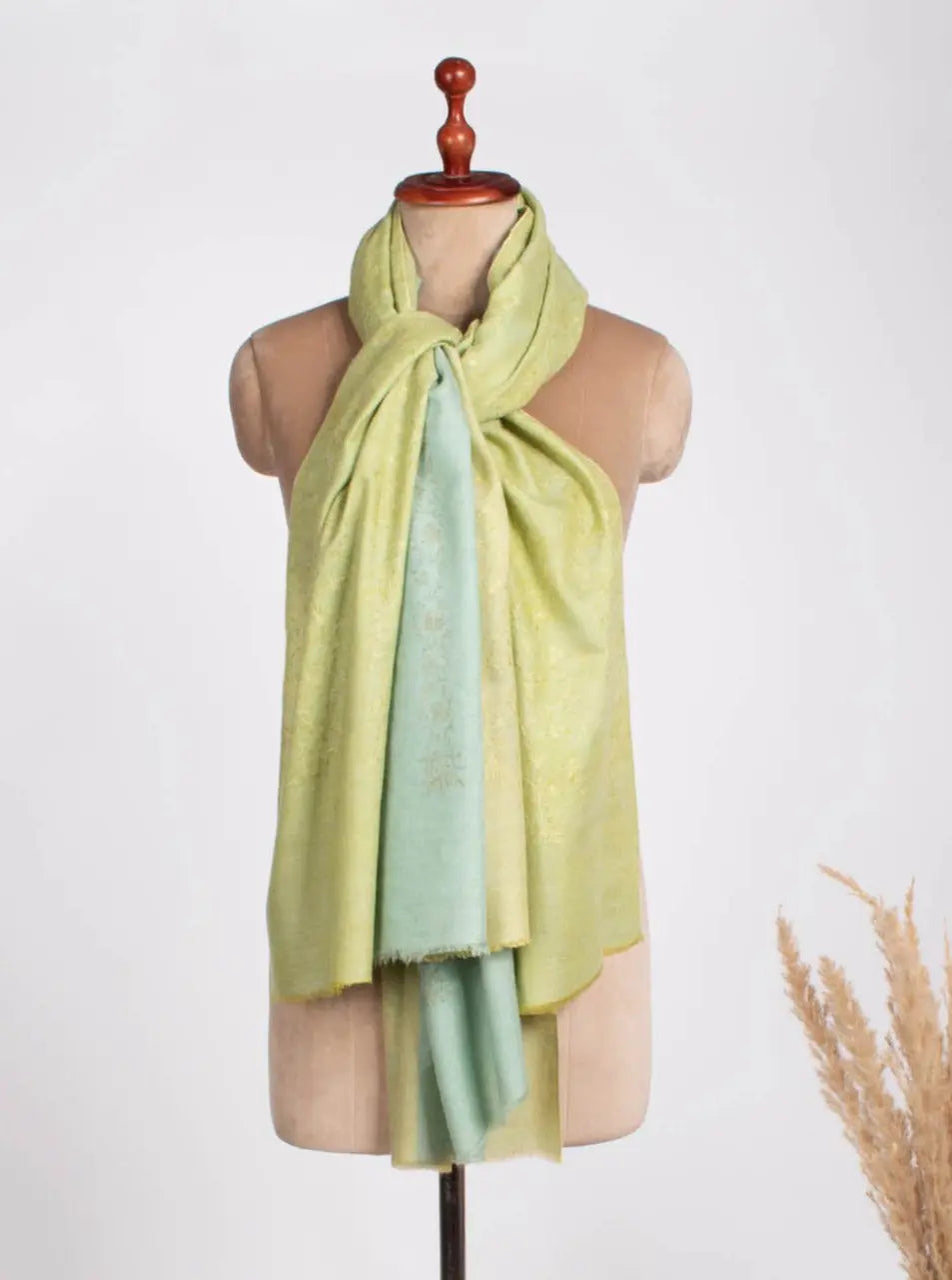 Pale Lime Yellow and Blue Kashmiri Pashmina Shawl - WAIMEA Shahkaar