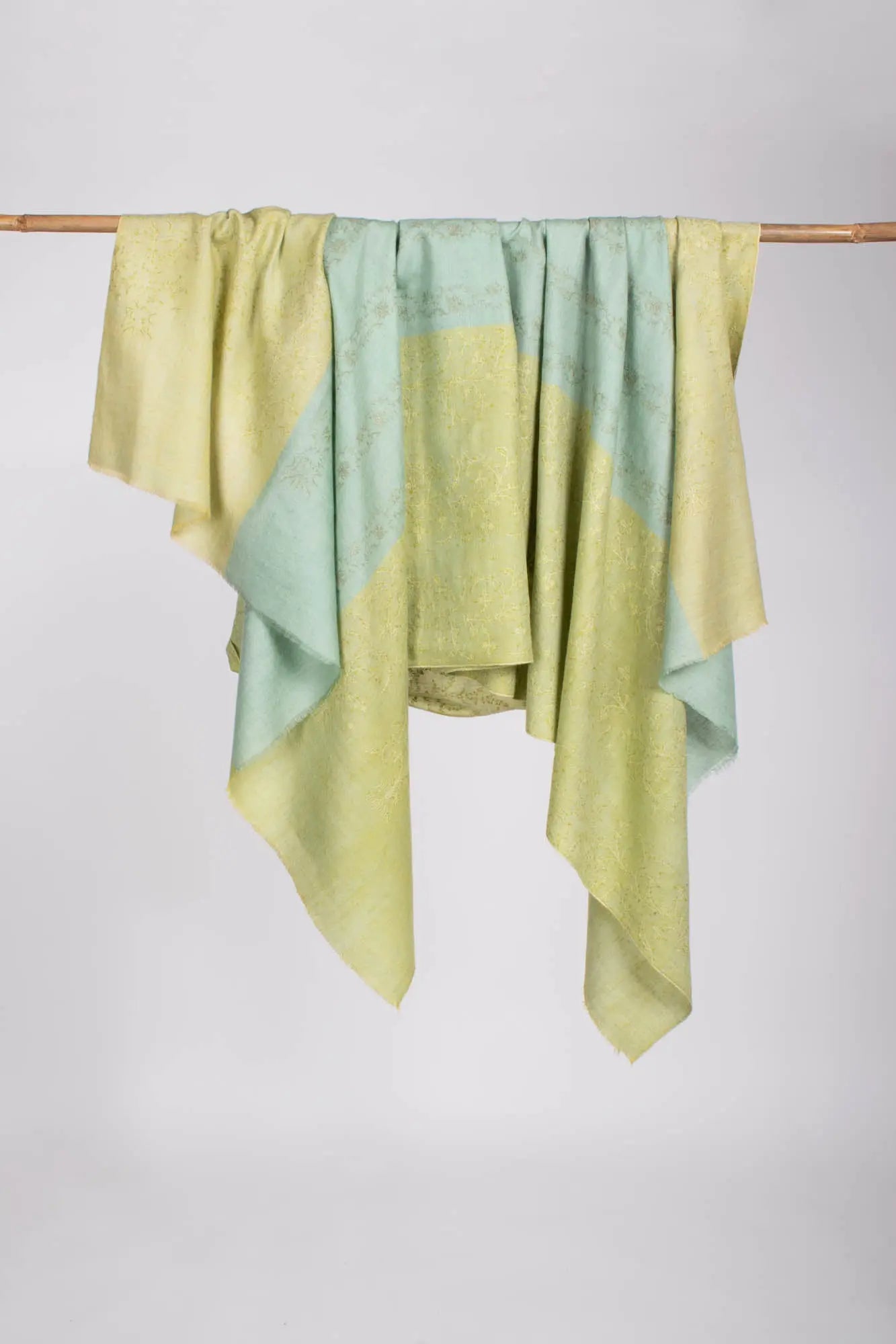 Pale Lime Yellow and Blue Kashmiri Pashmina Shawl - WAIMEA Shahkaar