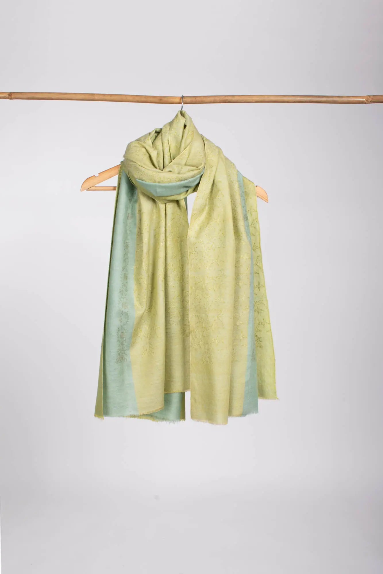 Pale Lime Yellow and Blue Kashmiri Pashmina Shawl - WAIMEA Shahkaar