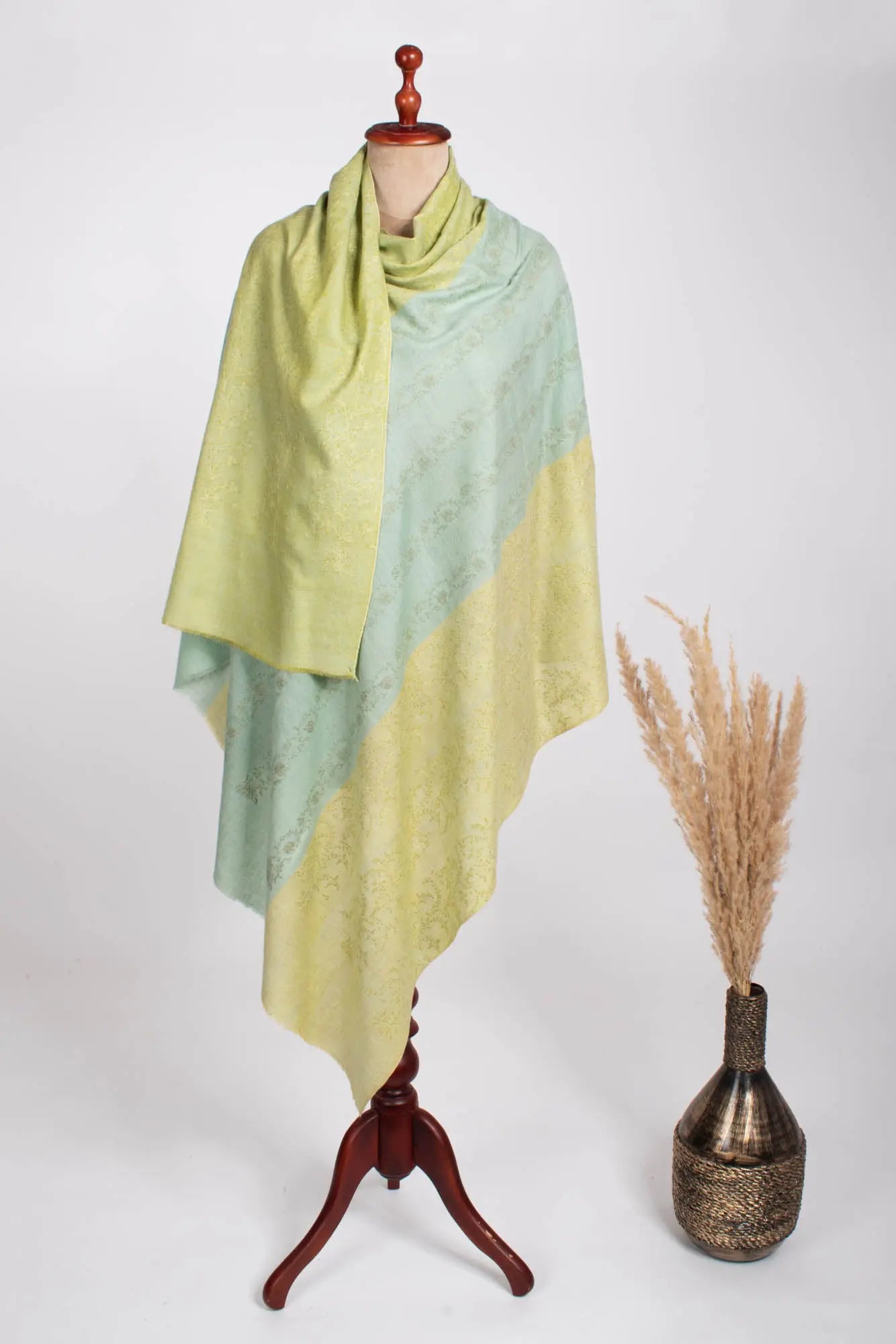 Pale Lime Yellow and Blue Kashmiri Pashmina Shawl - WAIMEA Shahkaar