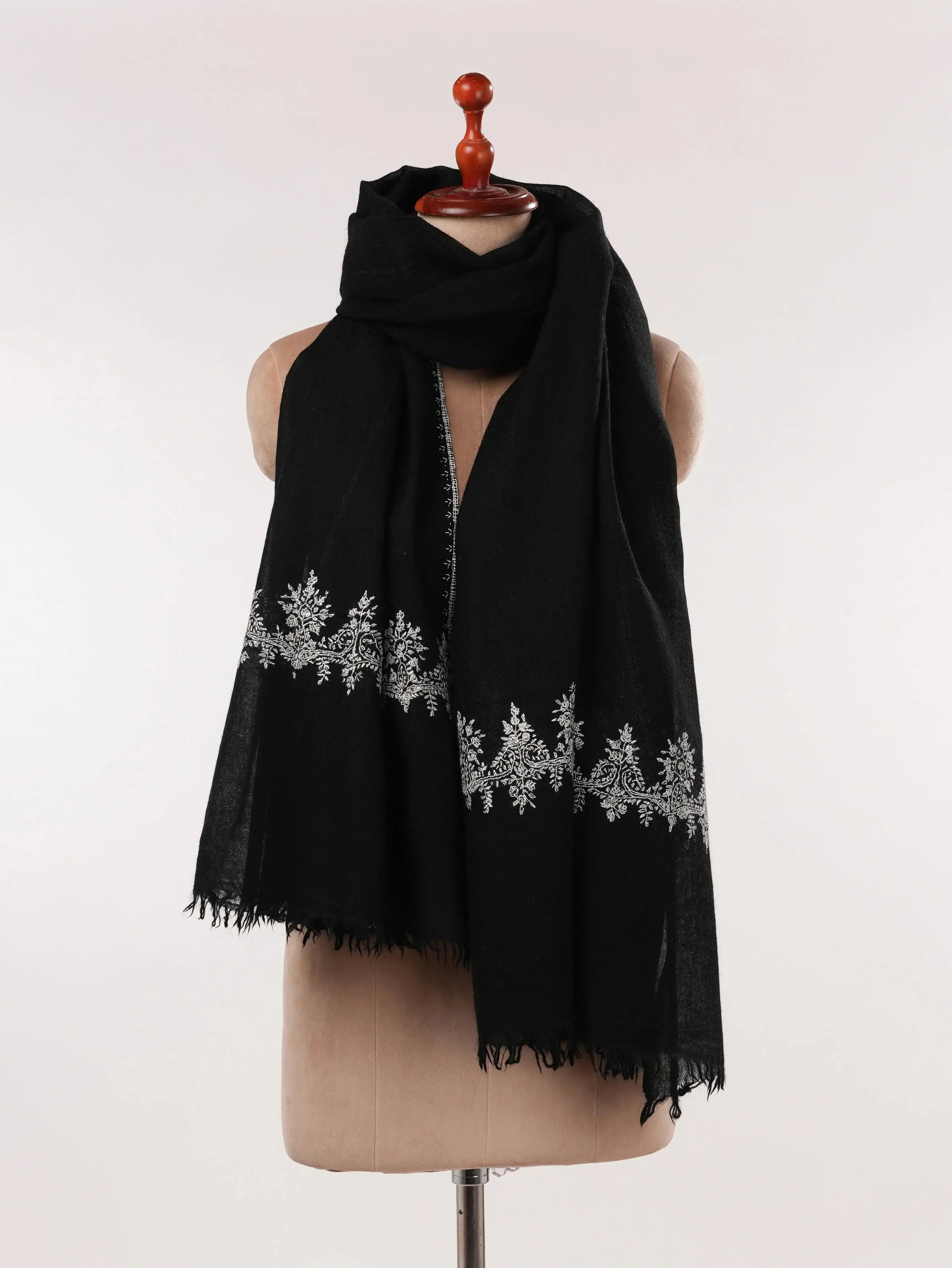 Palldar Black Pure Boiled Wool Shawl with Sozni Hand Embroidery Shahkaar.com