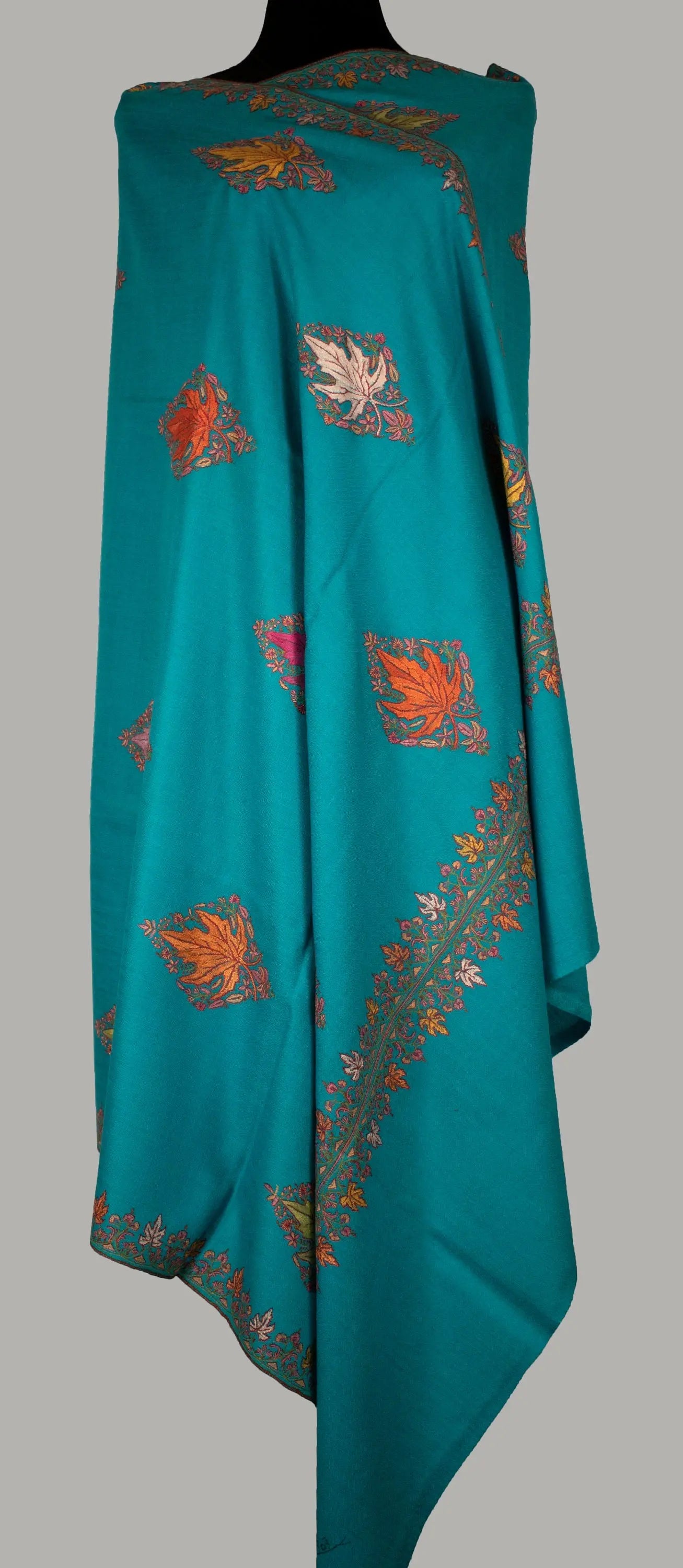 Paper Machie Embroidery Shawl/Wrap Pure Cashmere/Pashmina, Handwoven on Hand loom & Hand Embroided in Kashmir, Luxury, Masterpiece. Shahkaar