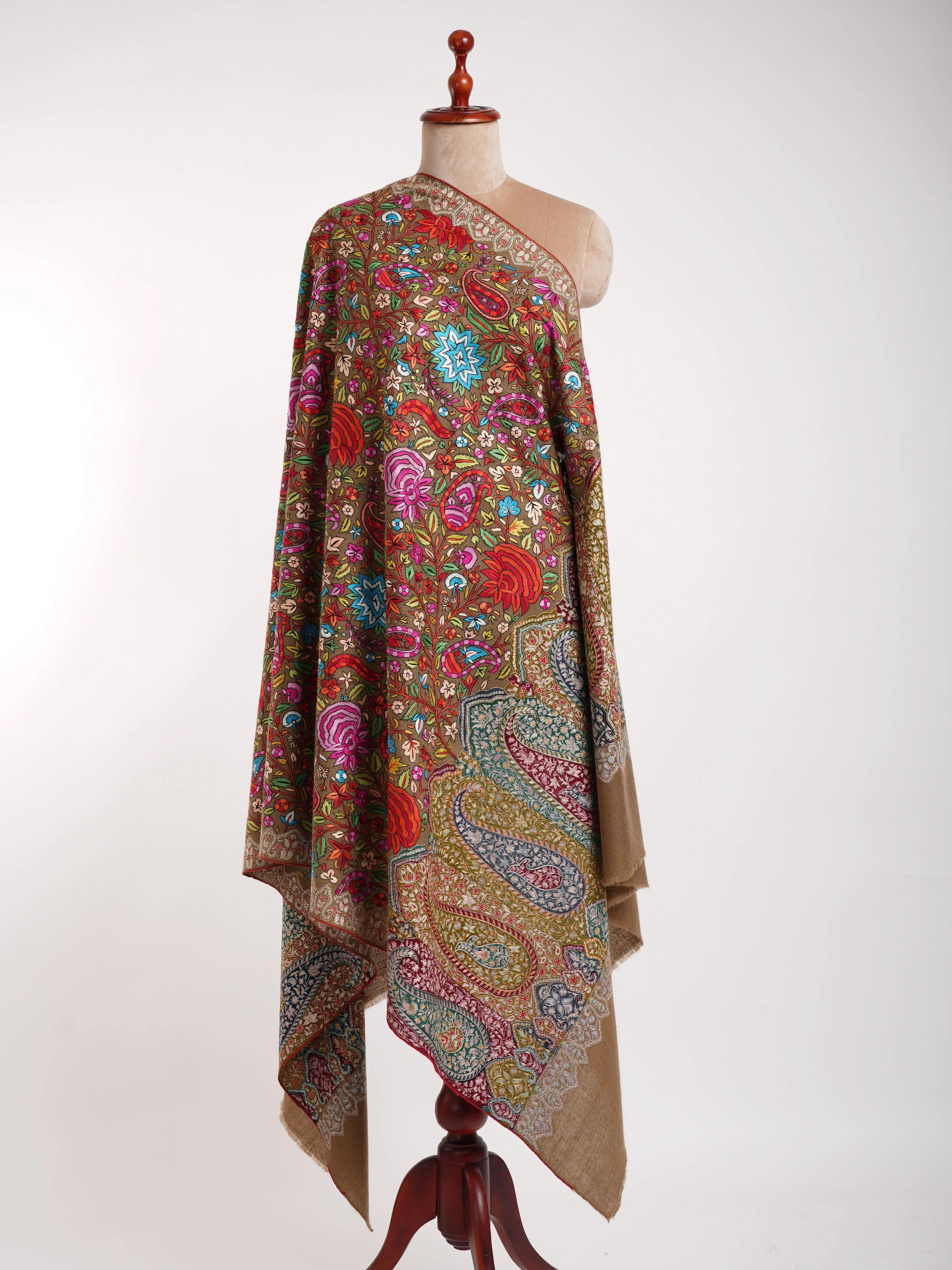 Papier-mâché and Kalamkari Fusion Pashmina Shawl Toosh Color Shahkaar