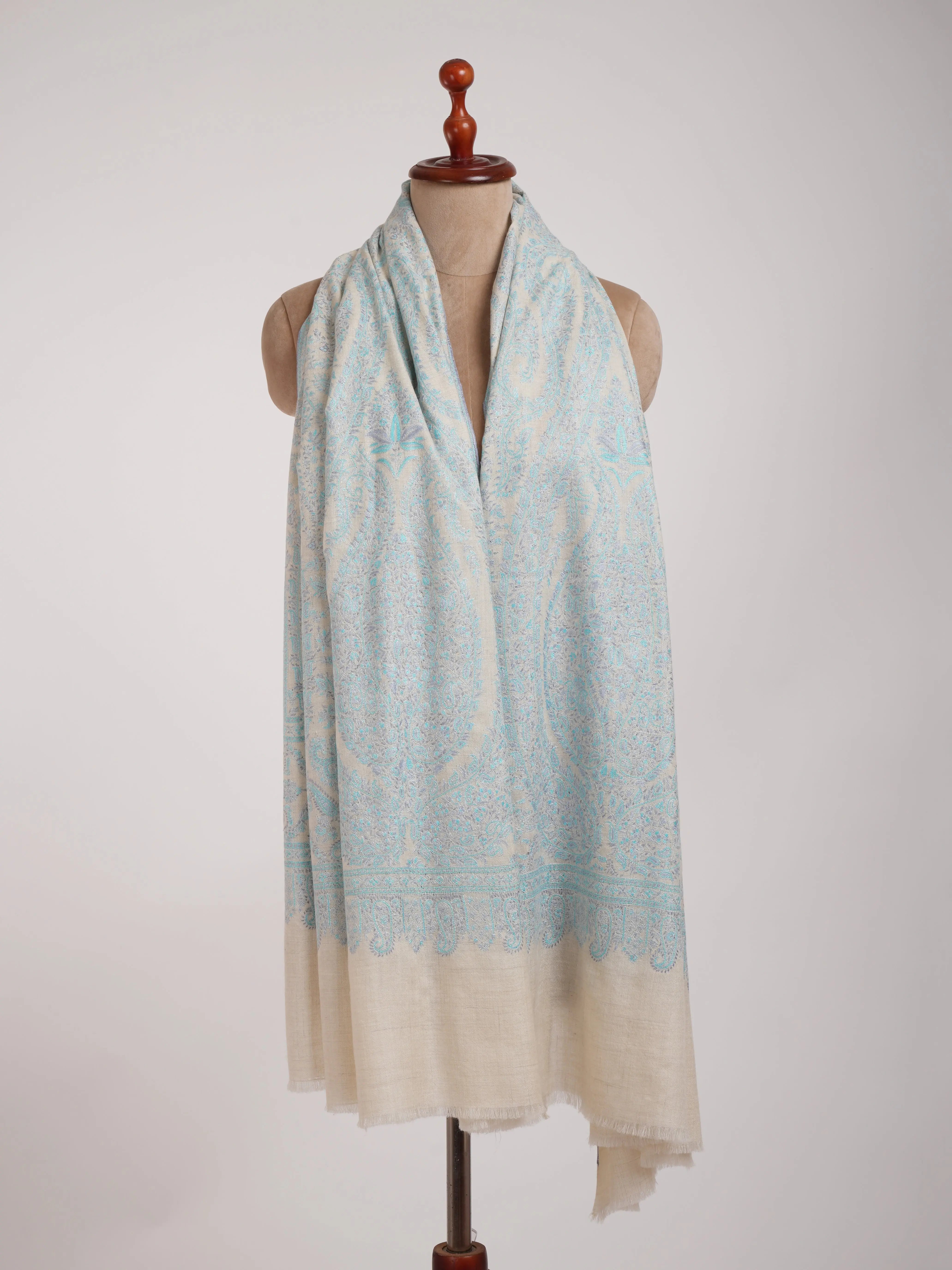 Pastel Blue Embroidered Indian Pashmina Jamavar Shawl Shahkaar