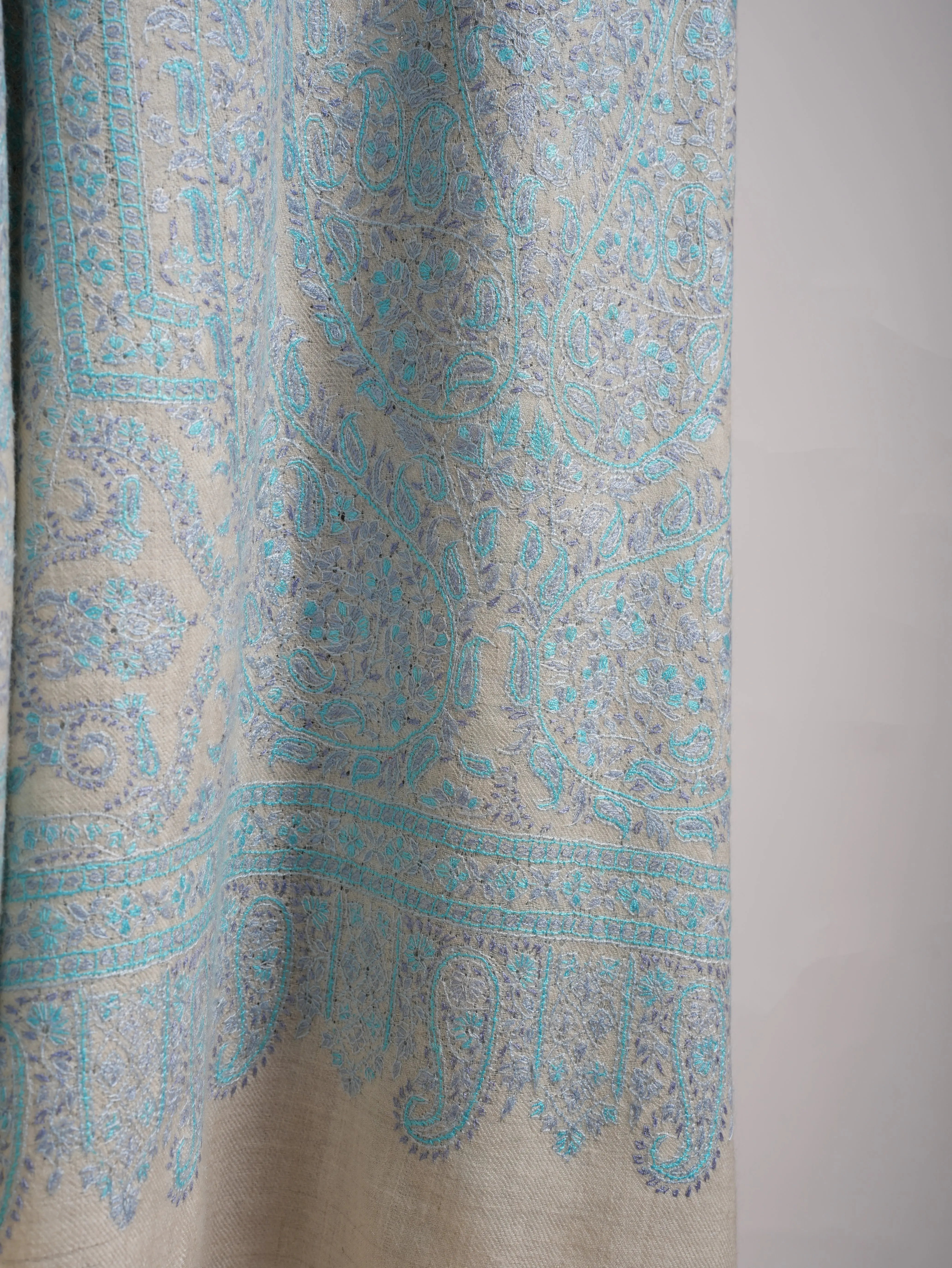 Pastel Blue Embroidered Indian Pashmina Jamavar Shawl Shahkaar
