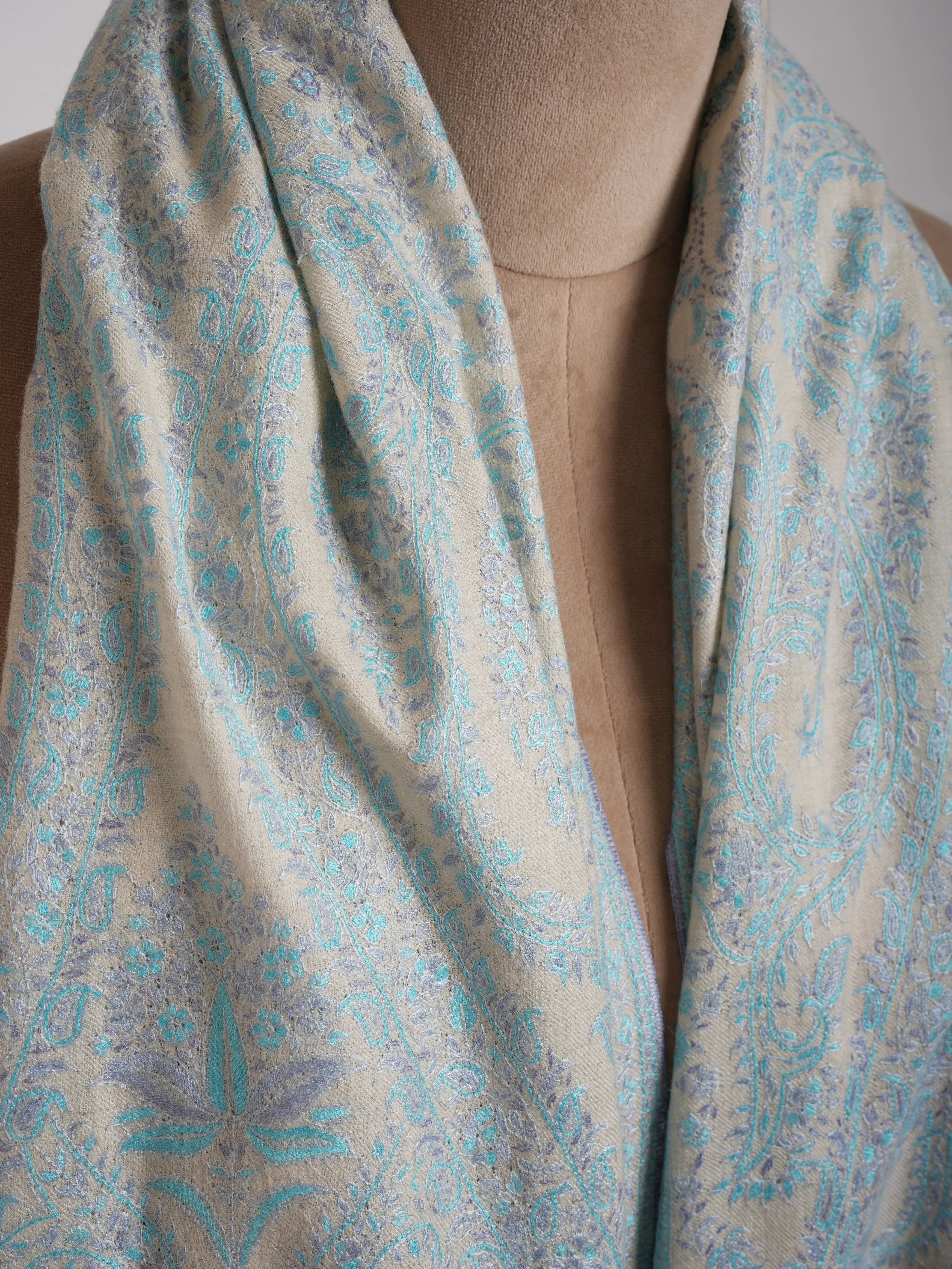 Pastel Blue Embroidered Indian Pashmina Jamavar Shawl Shahkaar
