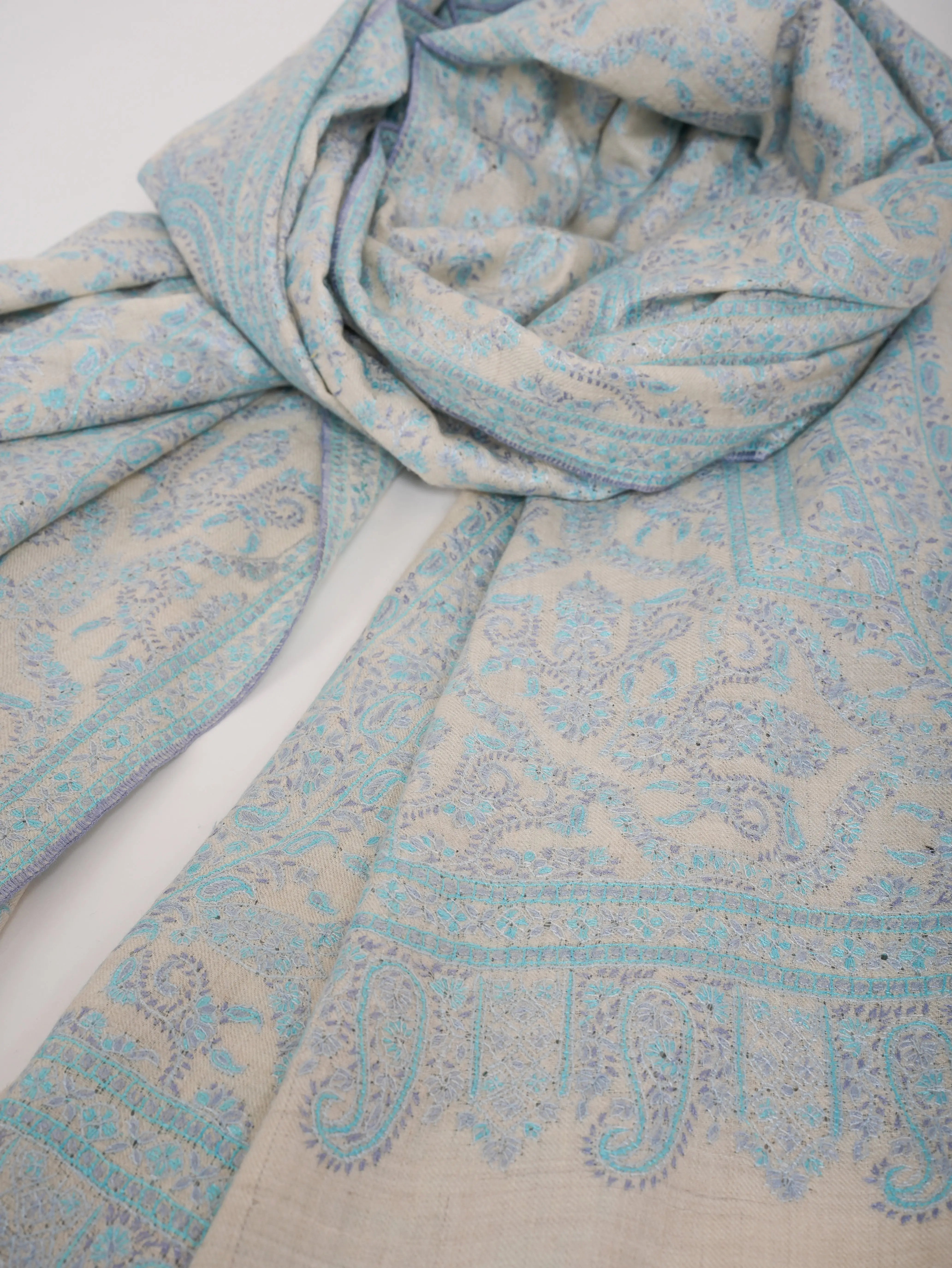Pastel Blue Embroidered Indian Pashmina Jamavar Shawl Shahkaar